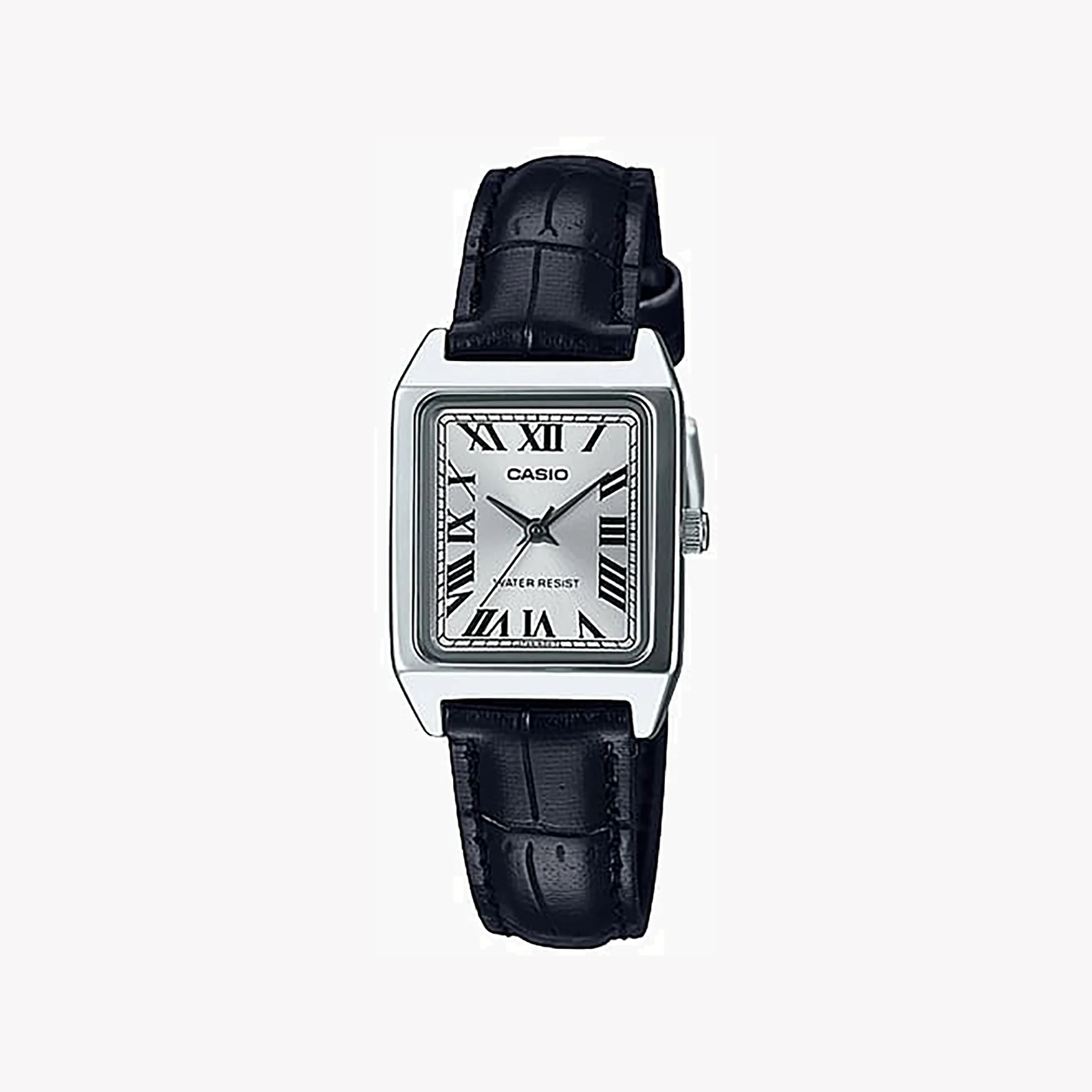 Casio Damen Analog Quarzuhr mit Metallgehäuse und Lederarmband, schwarzes Zifferblatt