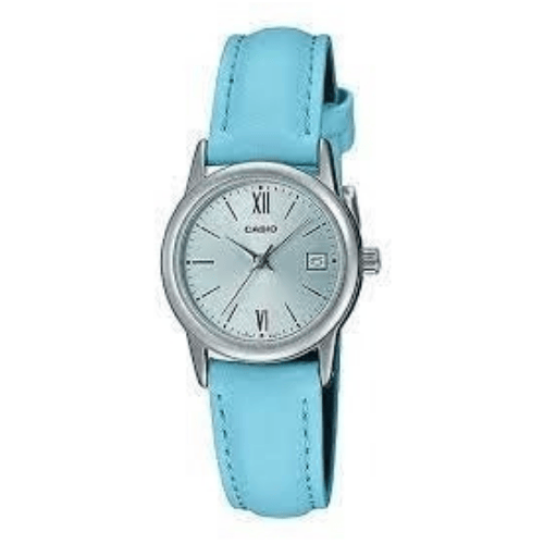 Damen Analog Quarzuhr mit Metallgehäuse und Lederarmband, blaues Zifferblatt