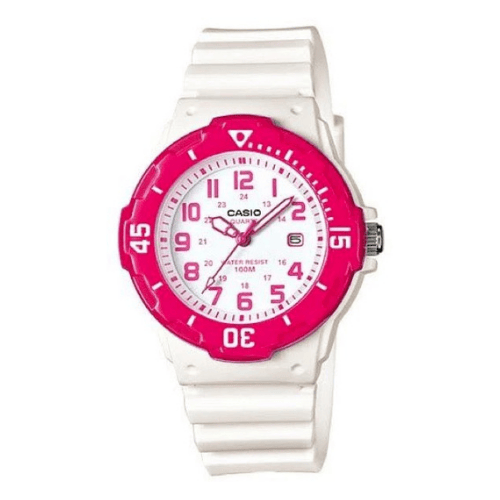 Damen Analoguhr_im_Taucherstil_mit_rotem_Resinarmband_Drehlnette_und_Datum