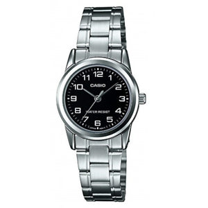 Casio Damen Analog Quarzuhr mit Edelstahlgehäuse und Edelstahlarmband, schwarzes Zifferblatt