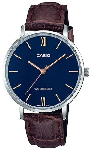 Casio Damen Analog Quarzuhr mit Metallgehäuse und Lederarmband, blaues Zifferblatt