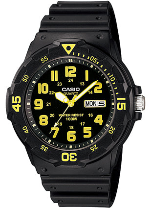 Casio Herren Analoguhr im Sportdesign mit gelbem Resinarmband, Drehlünette und Datum