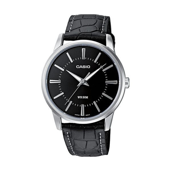 Casio Herren Analog Quarzuhr mit Metallgehäuse und Lederarmband, schwarzes Zifferblatt