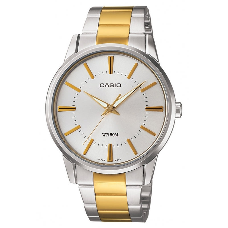 Casio Herren Analog Quarzuhr mit Edelstahlarmband in Bicolor Optik und Mineralglas, weißes Zifferblatt