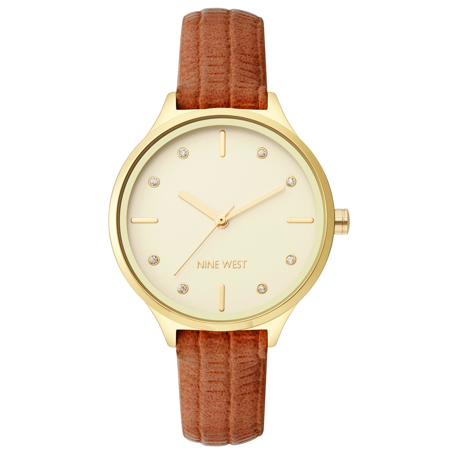 Nine West Damen Analog Quarzuhr mit roséfarbenem Metallgehäuse und Metallarmband, blaues Zifferblatt