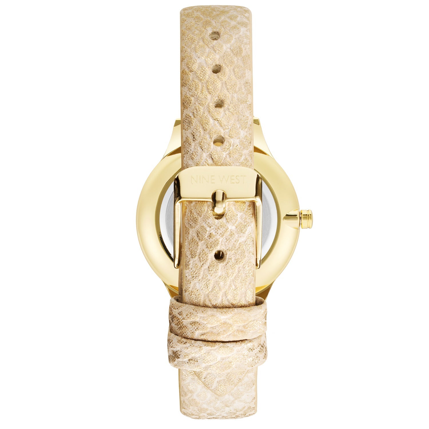 Nine West Damen Analog Quarzuhr mit champagnerfarbenem Metallgehäuse und Metallarmband, goldfarbenes Zifferblatt