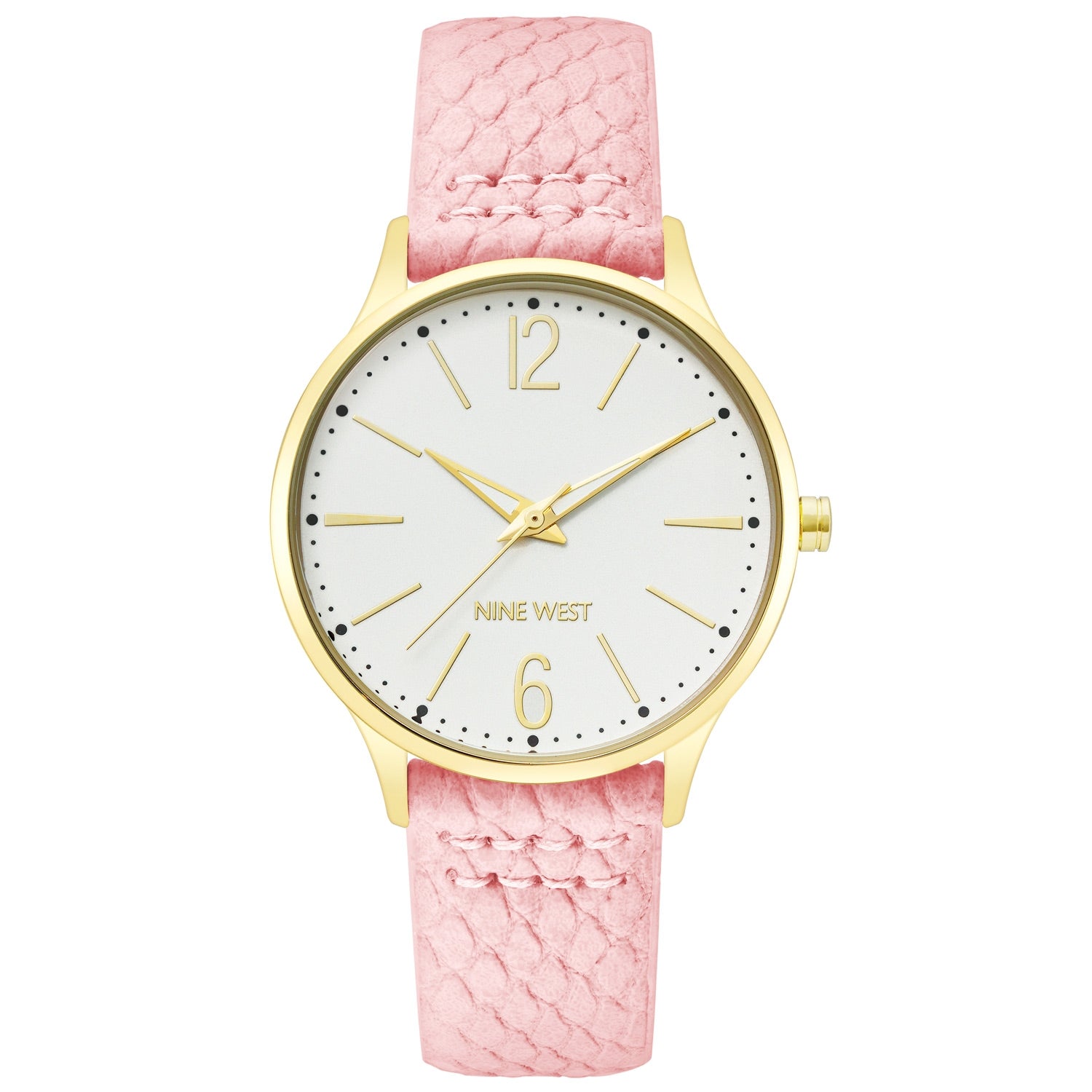 Nine West Damen Analog Quarzuhr mit champagnerfarbenem Metallgehäuse und Metallarmband, goldfarbenes Zifferblatt