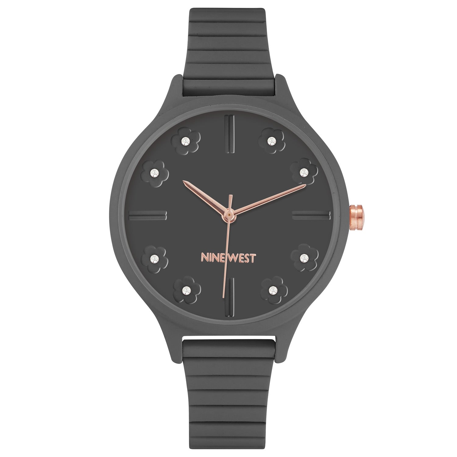 Nine West Damen Analog Quarzuhr mit grauem Metallgehäuse und Metallarmband, graues Zifferblatt
