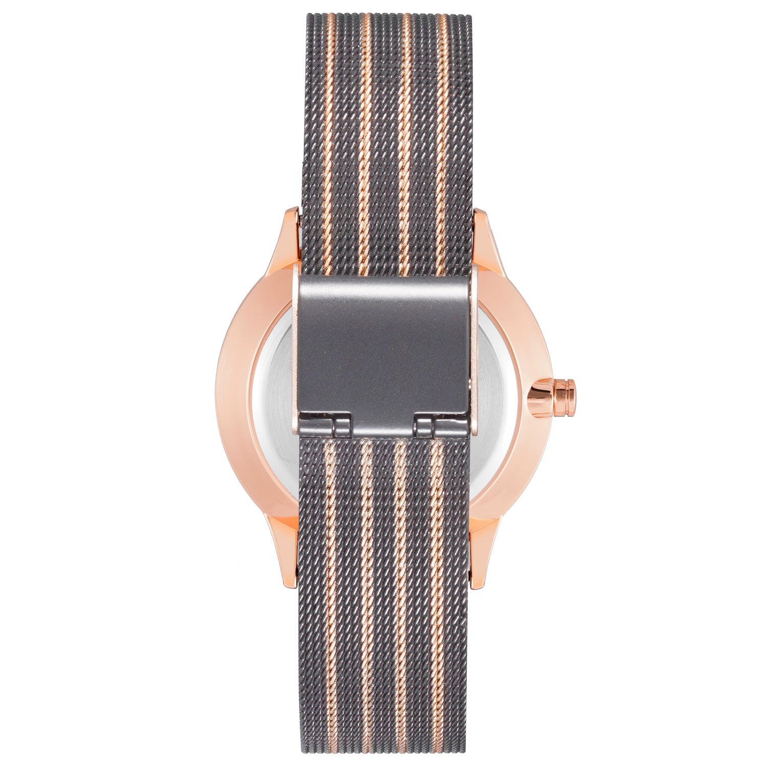 Nine West Damen Analog Quarzuhr mit roséfarbenem Metallgehäuse und Metallarmband, graues Zifferblatt
