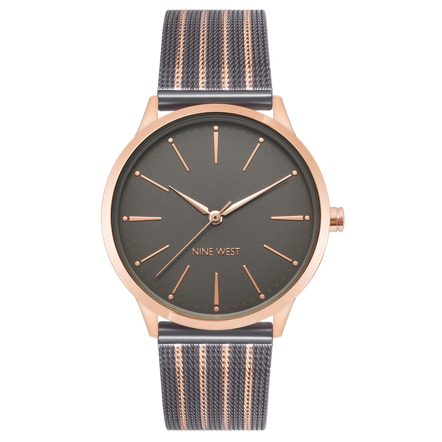 Nine West Damen Analog Quarzuhr mit roséfarbenem Metallgehäuse und Metallarmband, rosa Zifferblatt