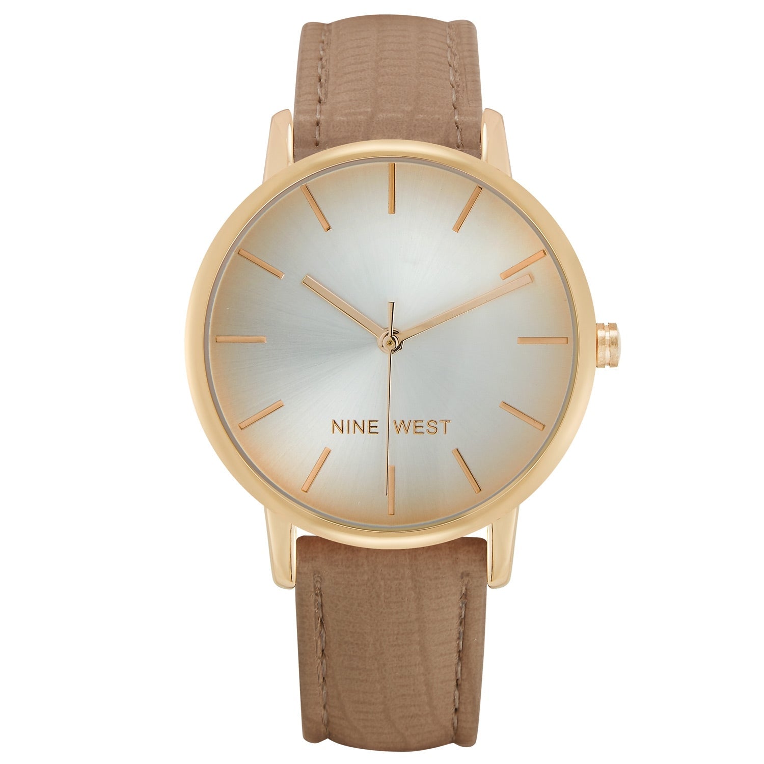 Nine West Damen Analog Quarzuhr mit roséfarbenem Metallgehäuse und Metallarmband, graues Zifferblatt