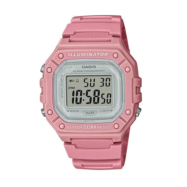 Casio Digitale Quarzuhr mit Resin Gehäuse und Resinarmband in Rosa, violettes Display (50 m)