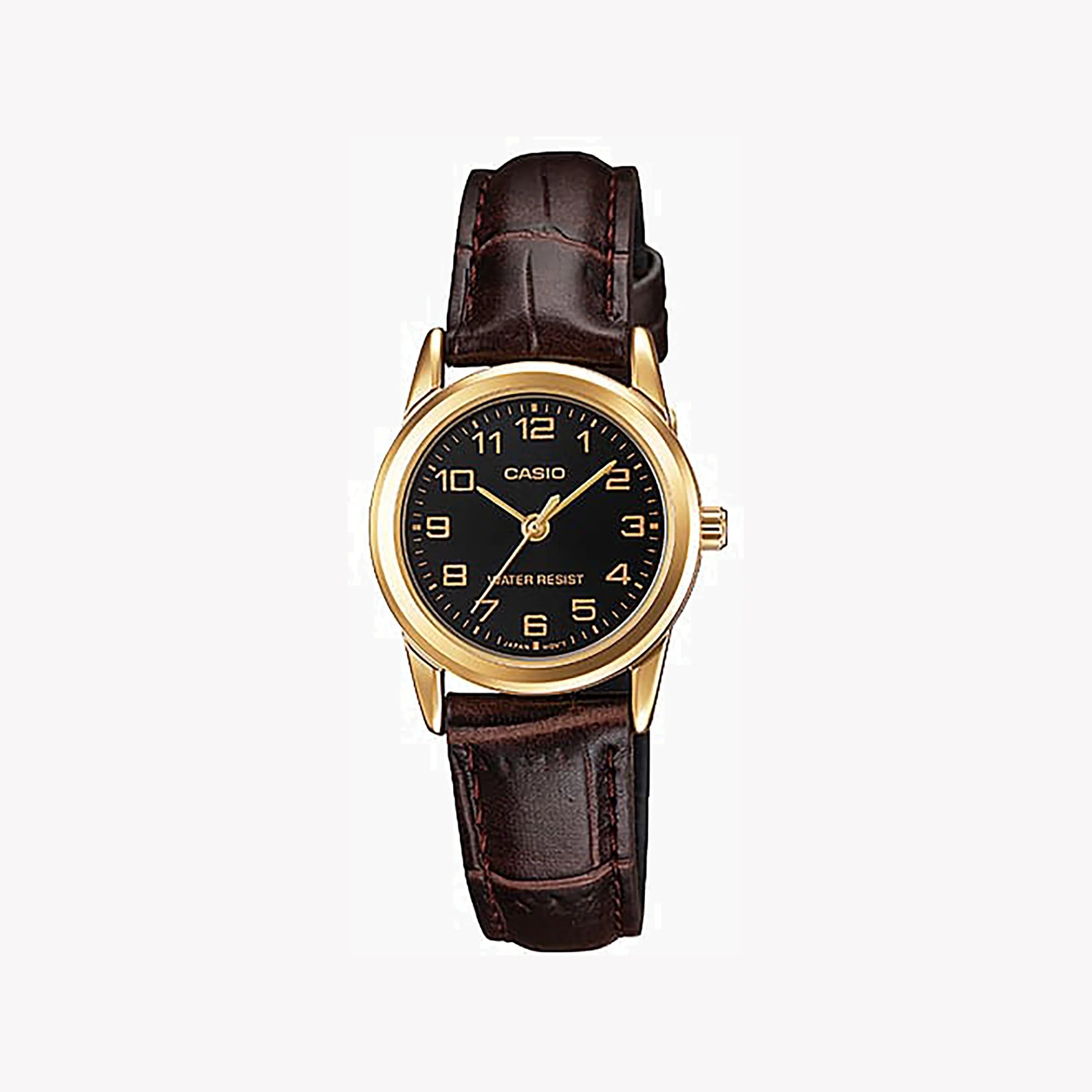 Casio Damen Analog Quarzuhr mit goldfarbenem Metallgehäuse und braunem Lederarmband, schwarzes Zifferblatt