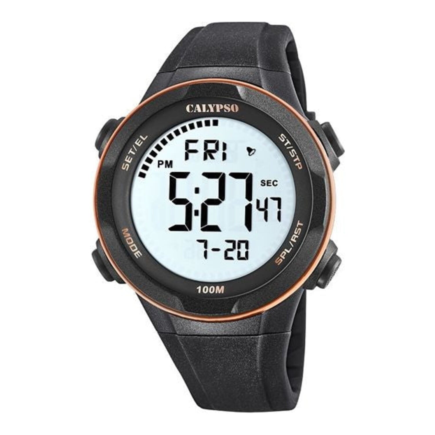 Montre numérique Calypso pour homme avec bracelet en plastique noir, chronomètre, minuteur et étanchéité jusqu&