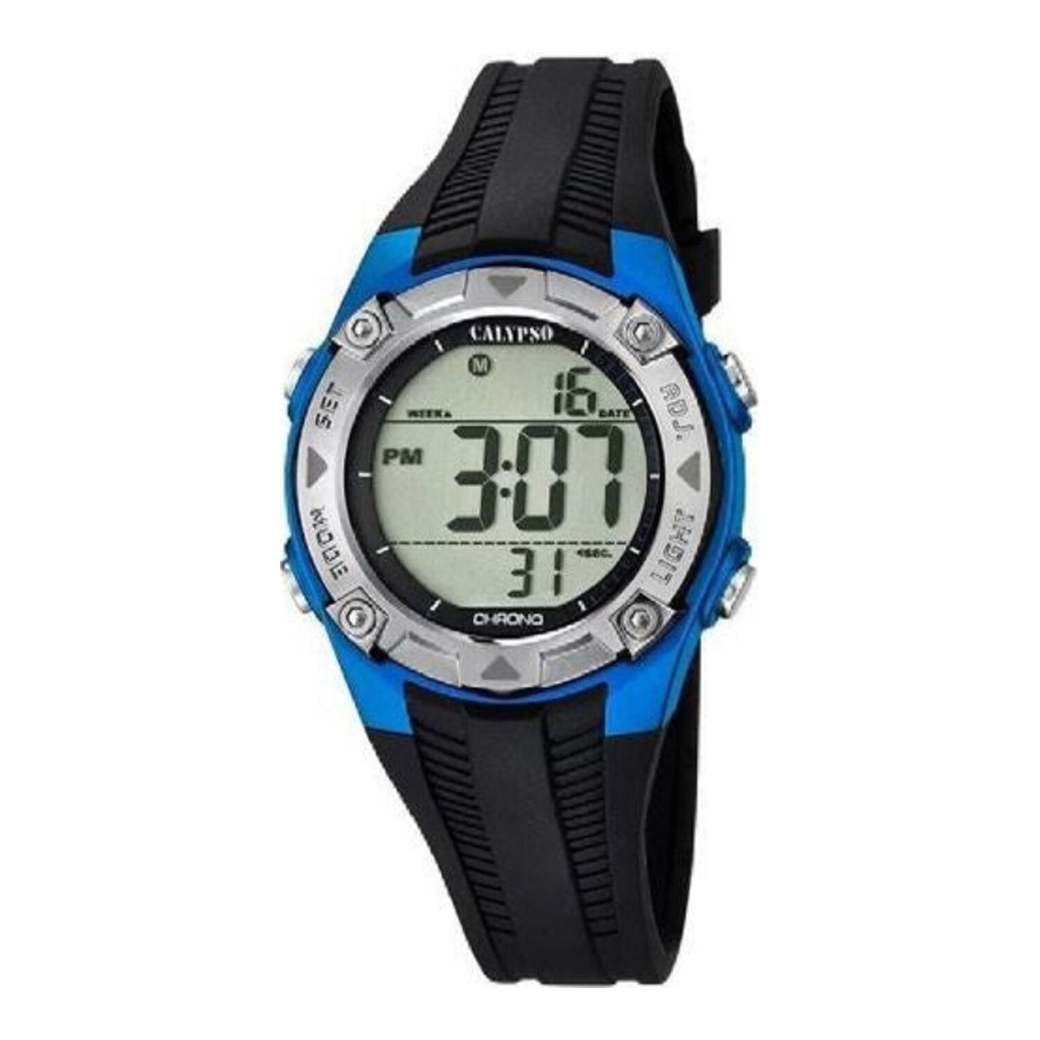 Montre enfant numérique Calypso avec boîtier bleu, bracelet en plastique noir, chronomètre et alarme (environ 36,6 mm)