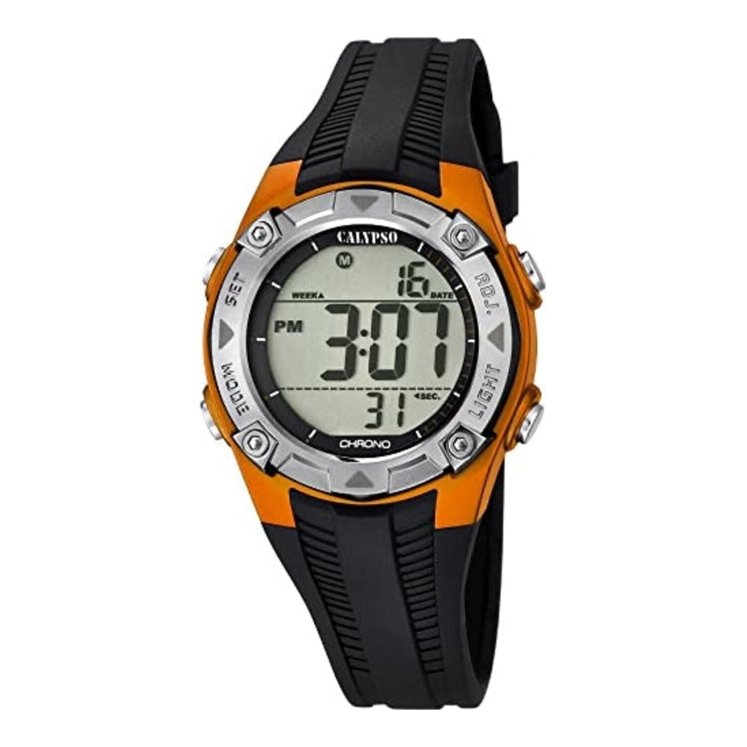 Montre enfant numérique Calypso avec boîtier orange, bracelet en plastique noir, chronomètre et alarme (environ 36,6 mm)