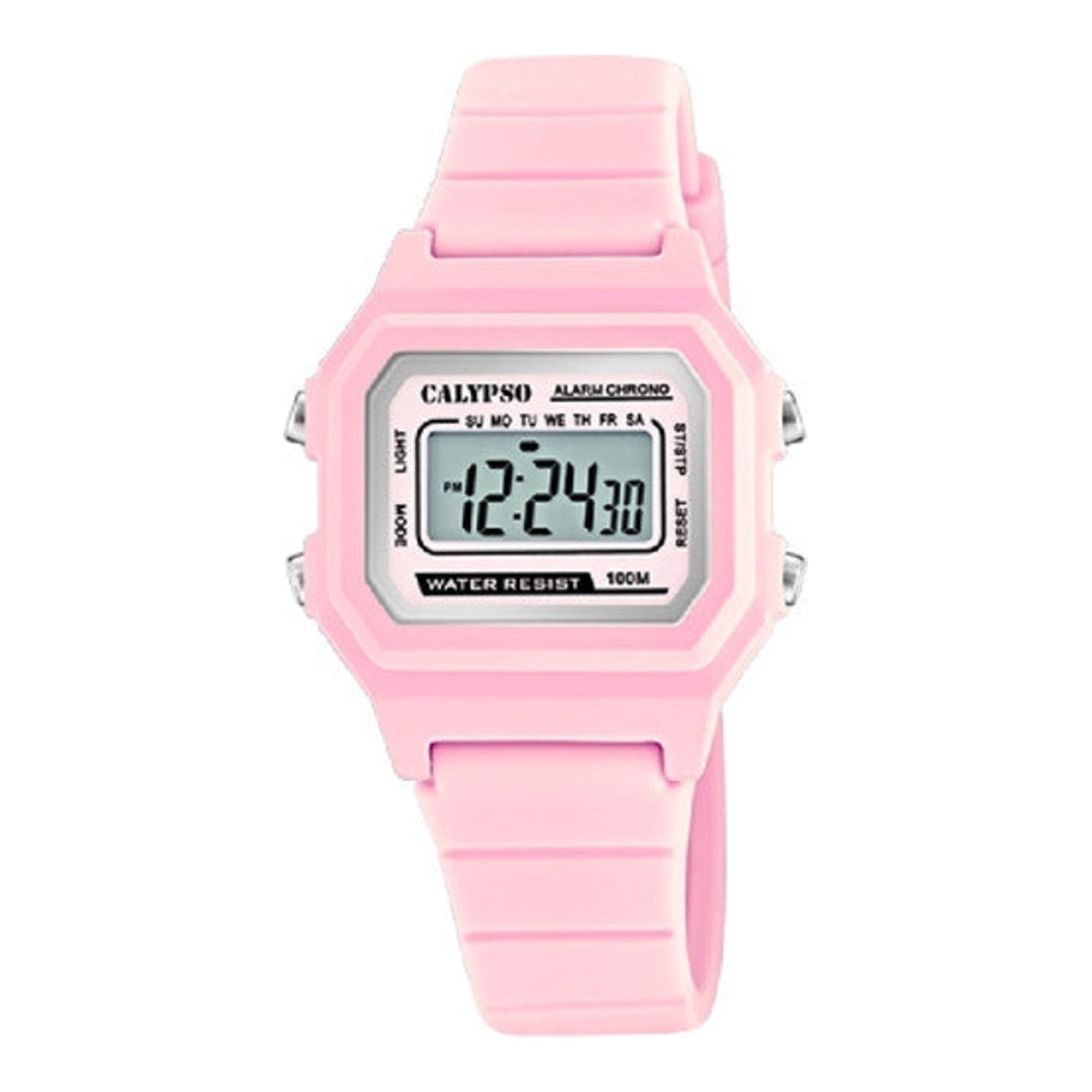 Montre de sport numérique Calypso en plastique avec bracelet rose, chronomètre, alarme, affichage de la date et rétroéclairage (10 bar)