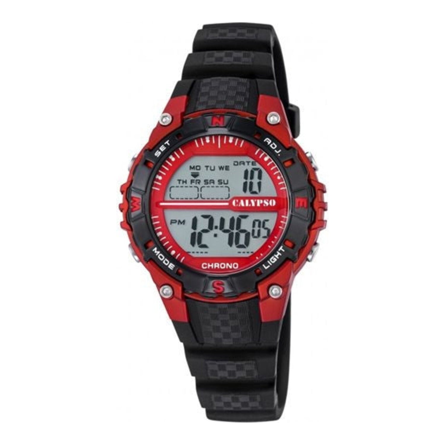 Montre numérique unisexe Calypso en plastique avec boîtier rouge, bracelet noir, chronomètre, alarme et lumière (environ 38 mm, 10 bar)