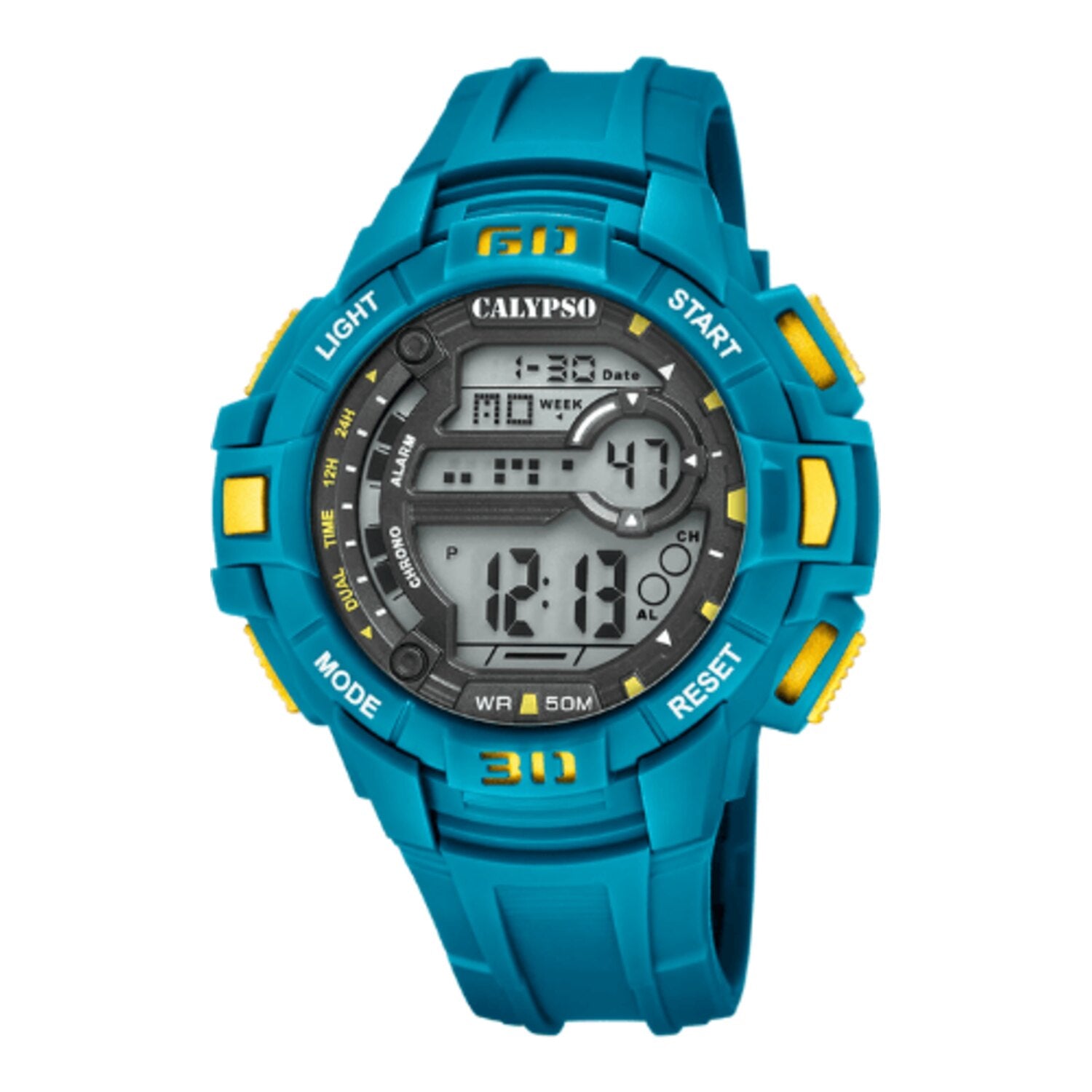 Montre homme Calypso grand format à affichage numérique, boîtier en plastique bleu avec bracelet noir, date, chronomètre, alarme, rétroéclairage, étanche à 5 bars, K58362