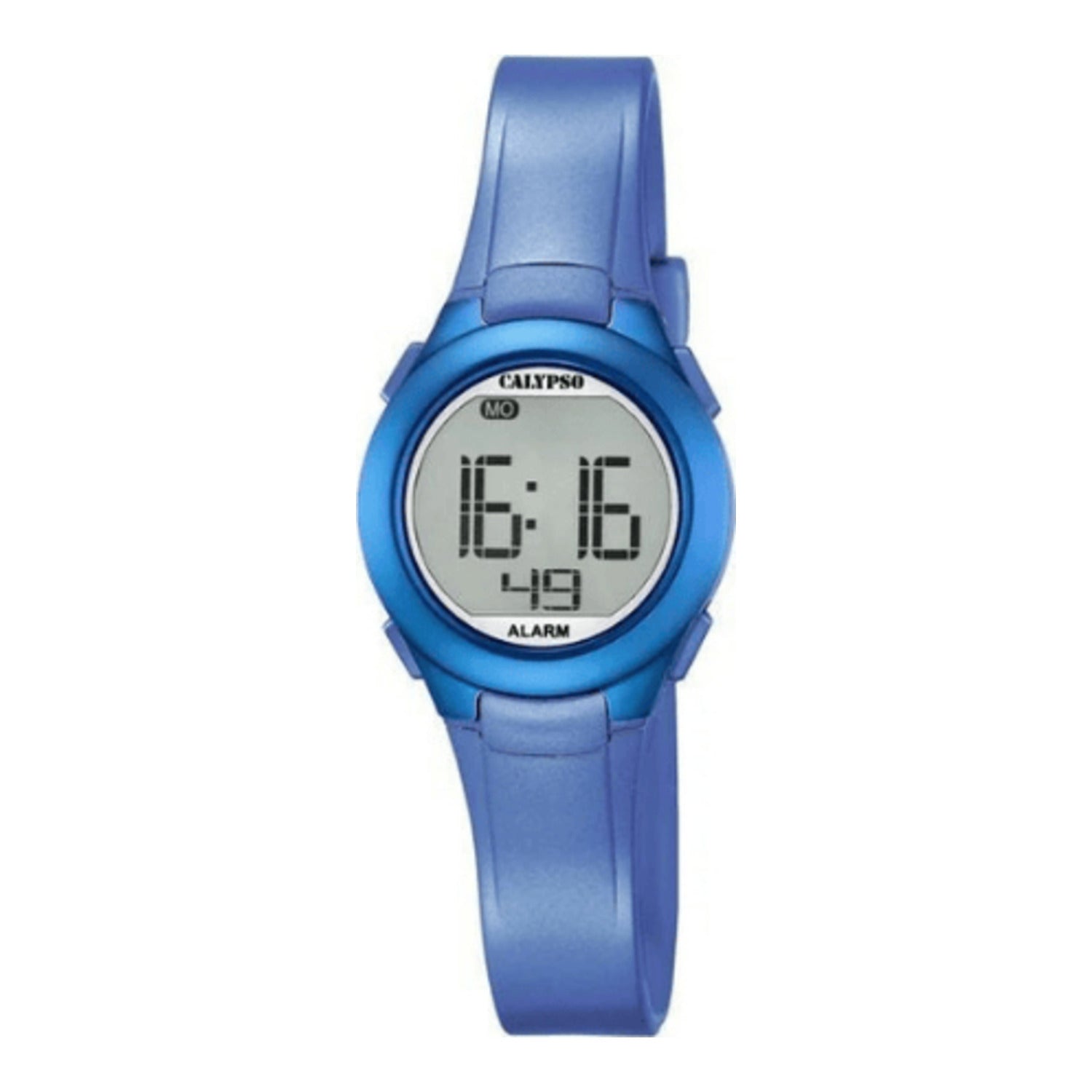 Petite montre numérique en plastique avec bracelet en PU bleu, chronomètre, alarme et rétroéclairage (environ 27,5 mm)