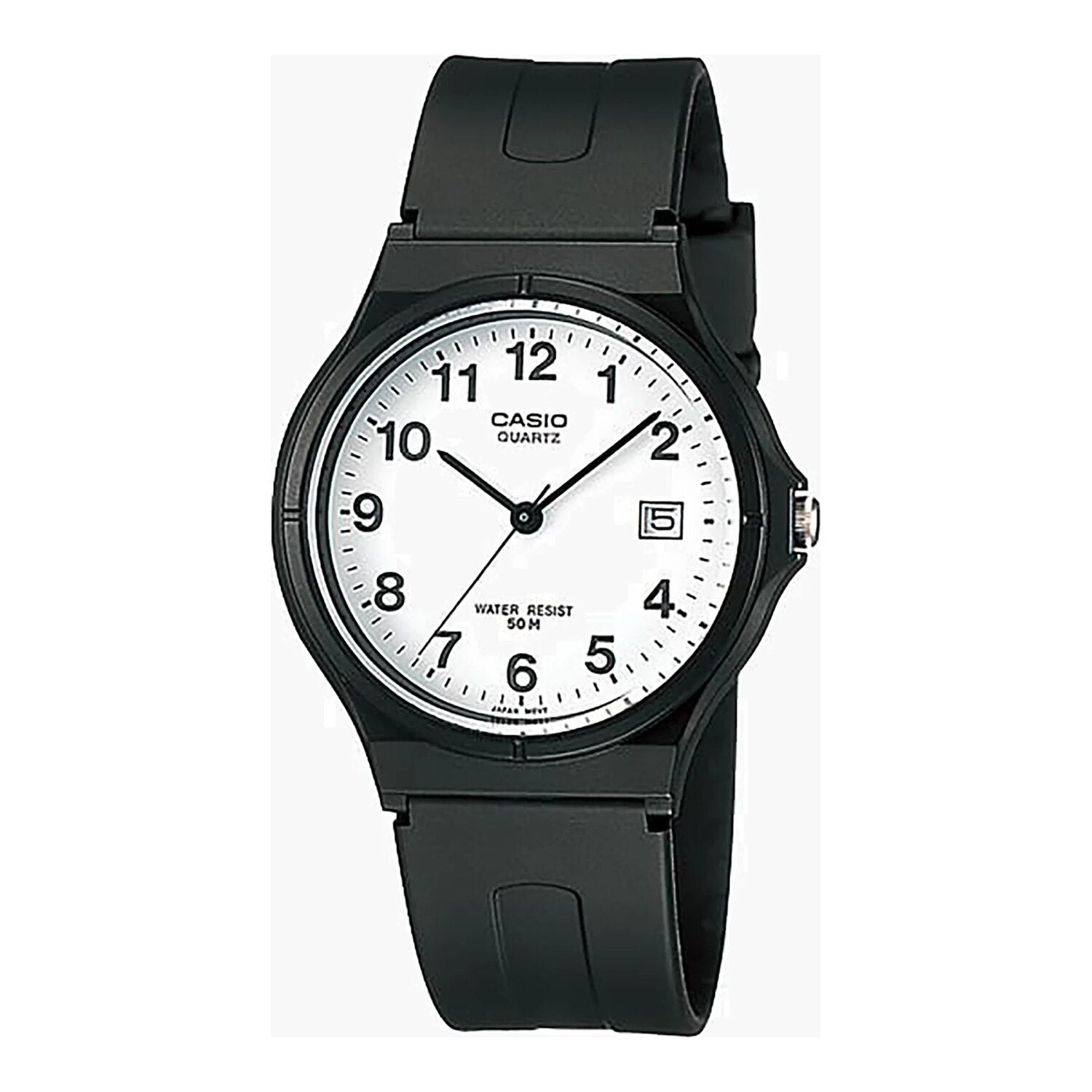 Montre Casio analogique à quartz avec boîtier et bracelet en résine, cadran blanc