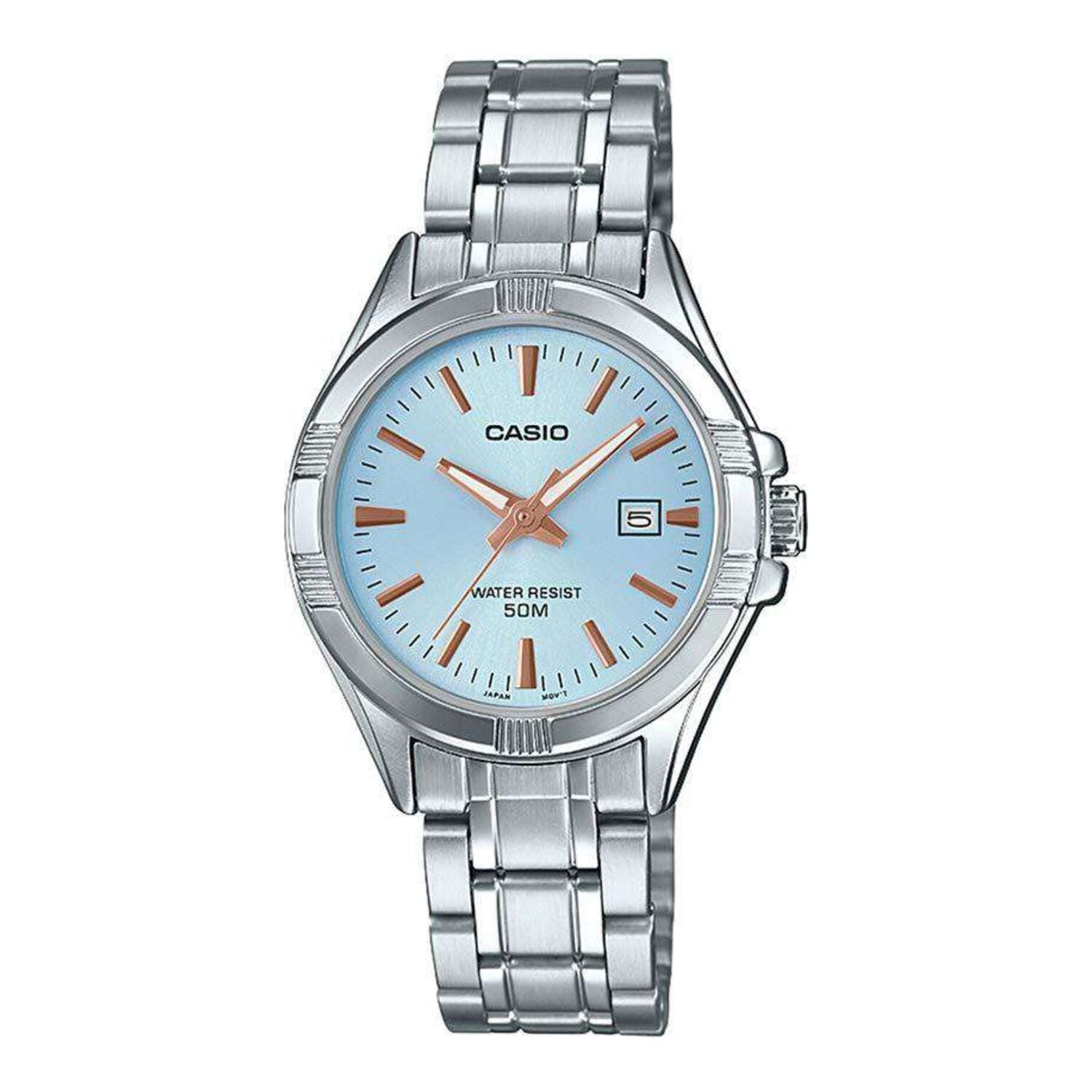 Montre Casio pour femme, analogique à quartz, boîtier et bracelet en acier inoxydable, cadran bleu