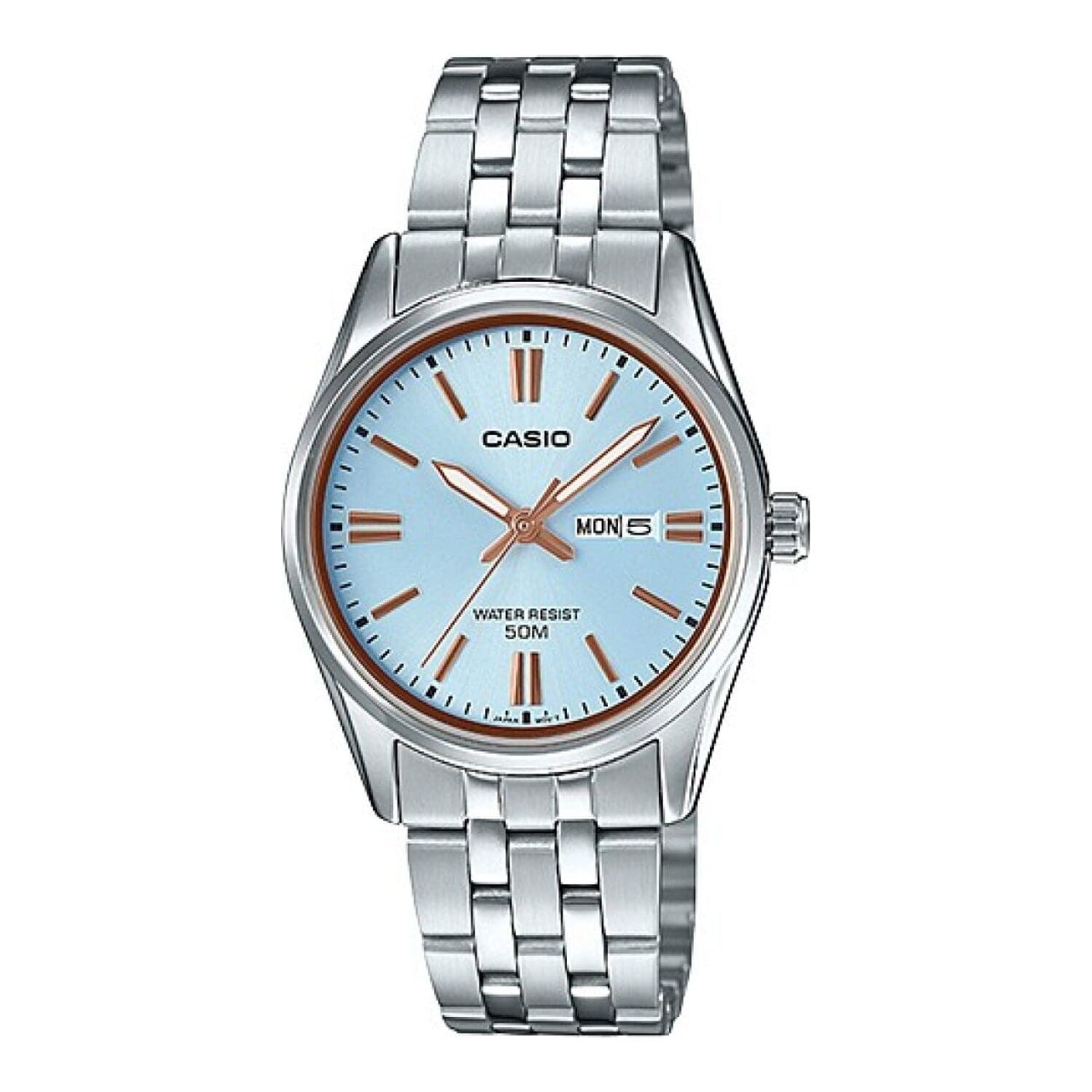 Montre Casio pour femme, analogique à quartz, boîtier et bracelet en acier inoxydable, cadran marron