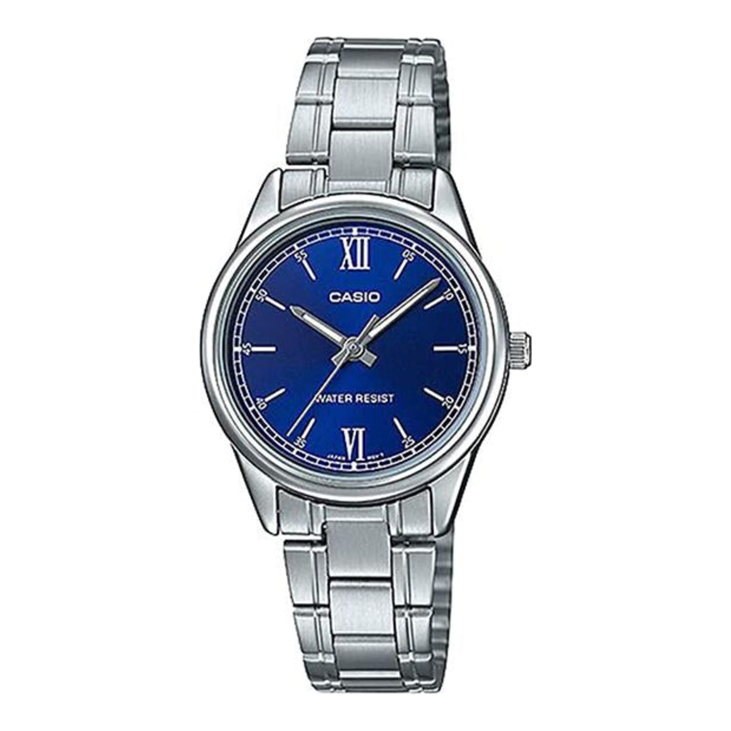 Montre Casio pour femme, analogique à quartz, boîtier et bracelet en acier inoxydable, cadran bleu