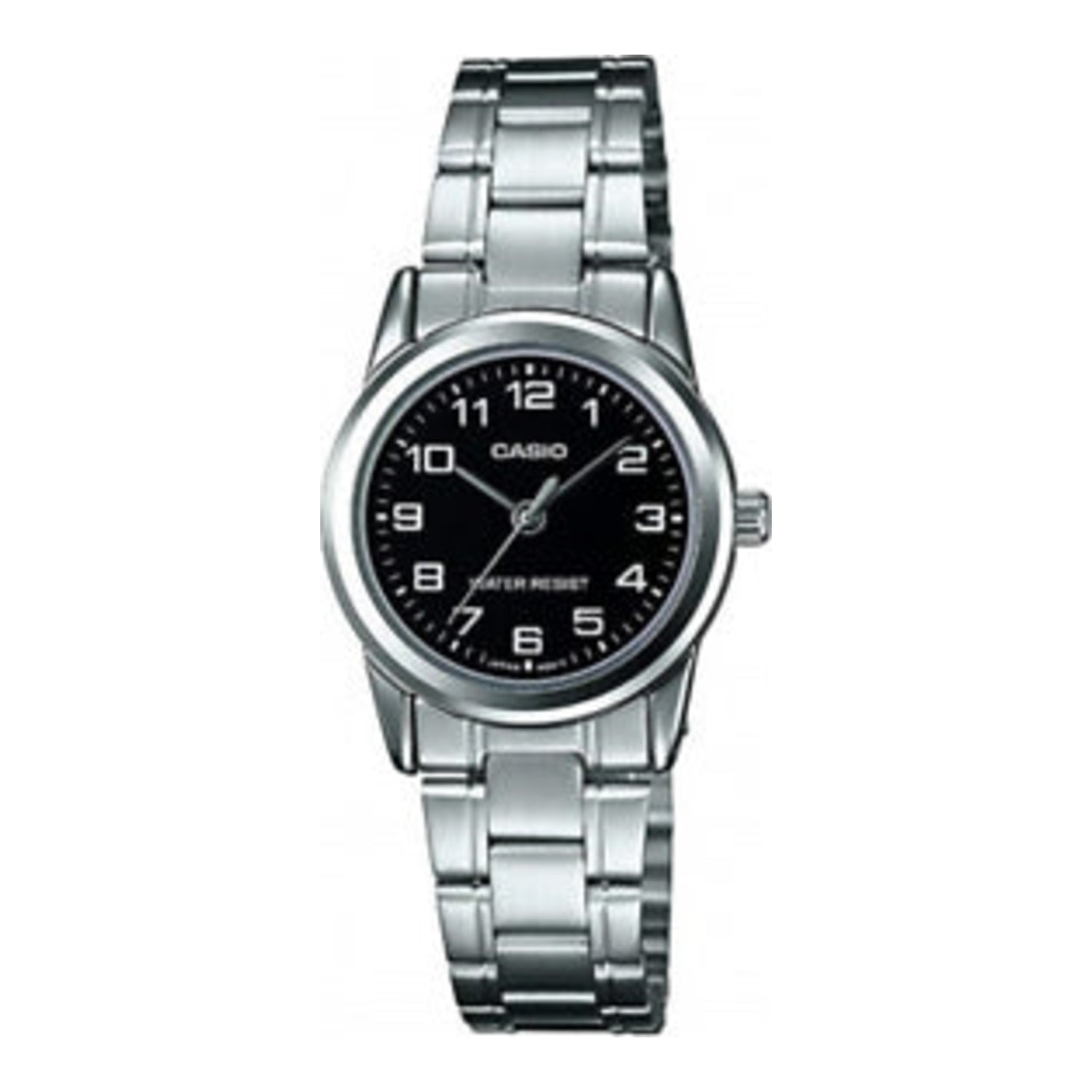 Montre Casio pour femme, analogique à quartz, boîtier et bracelet en acier inoxydable, cadran noir