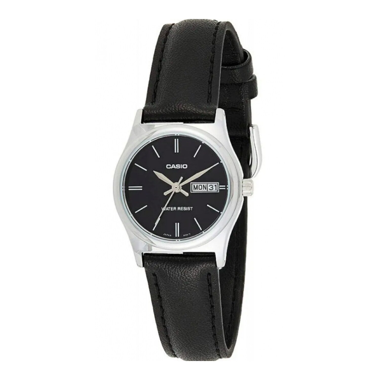 Montre Casio pour femme, analogique à quartz, boîtier et bracelet en acier inoxydable, cadran noir