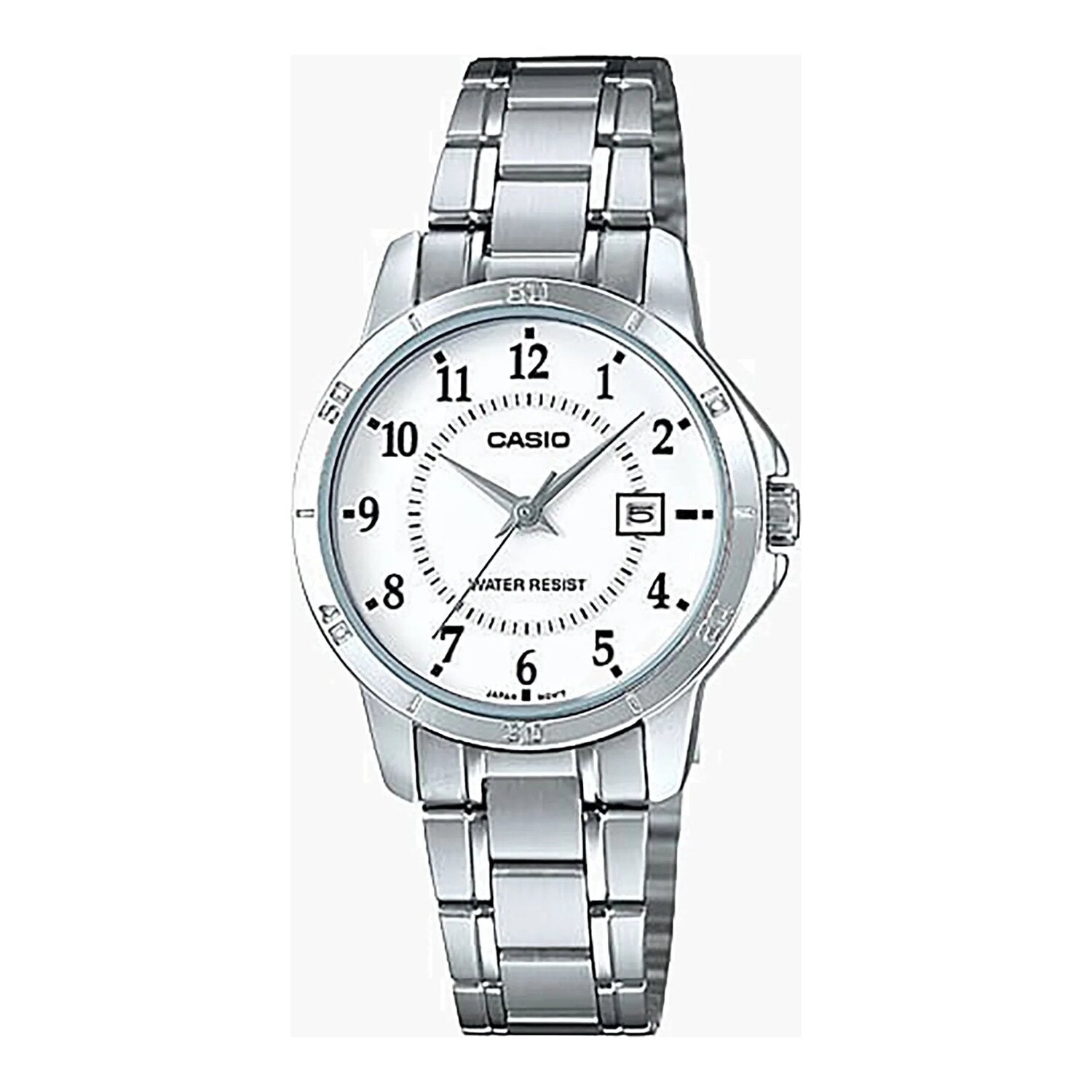 Montre Casio pour femme, analogique à quartz, avec boîtier et bracelet en acier inoxydable, cadran blanc et affichage de la date.