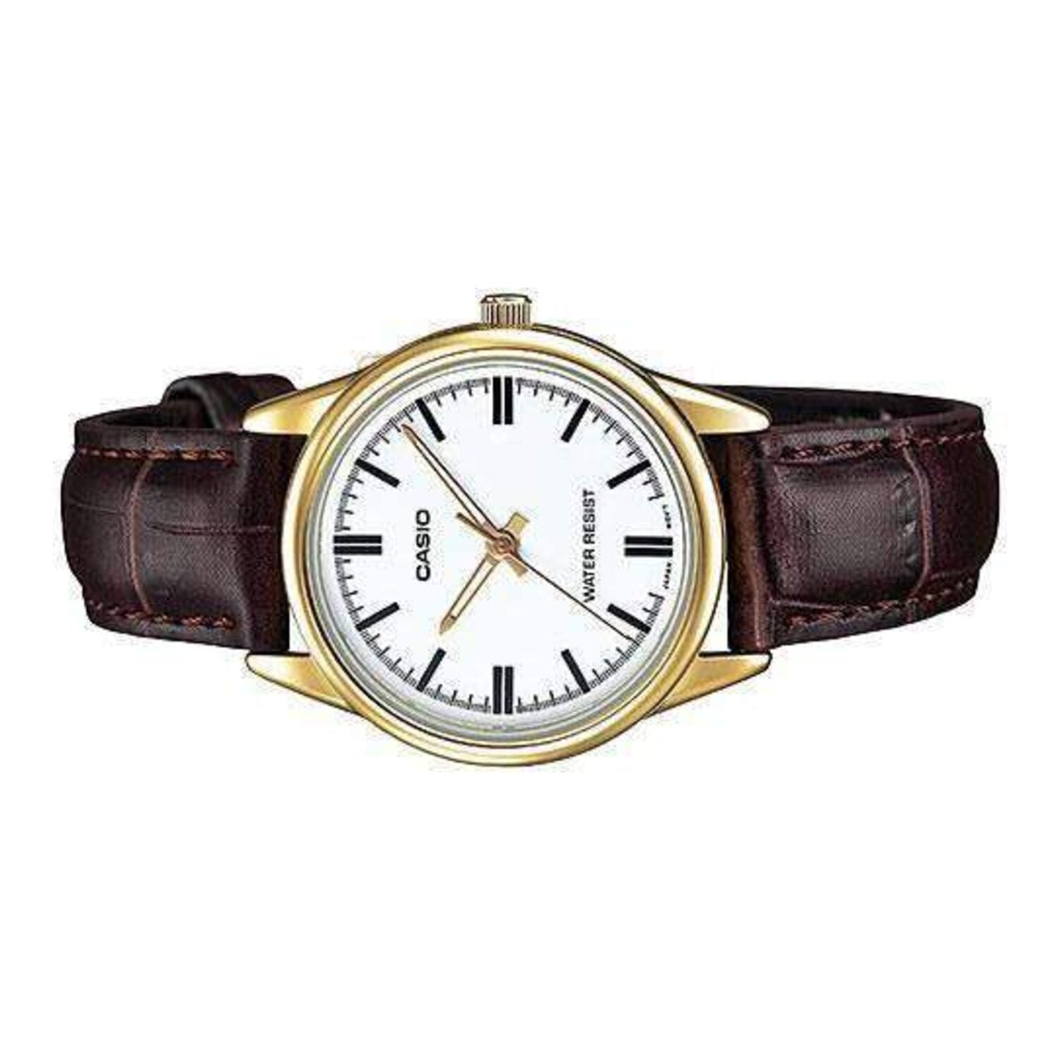 Casio Damen Analog Quarzuhr mit goldfarbenem Metallgehäuse und Lederarmband, champagnerfarbenes Zifferblatt