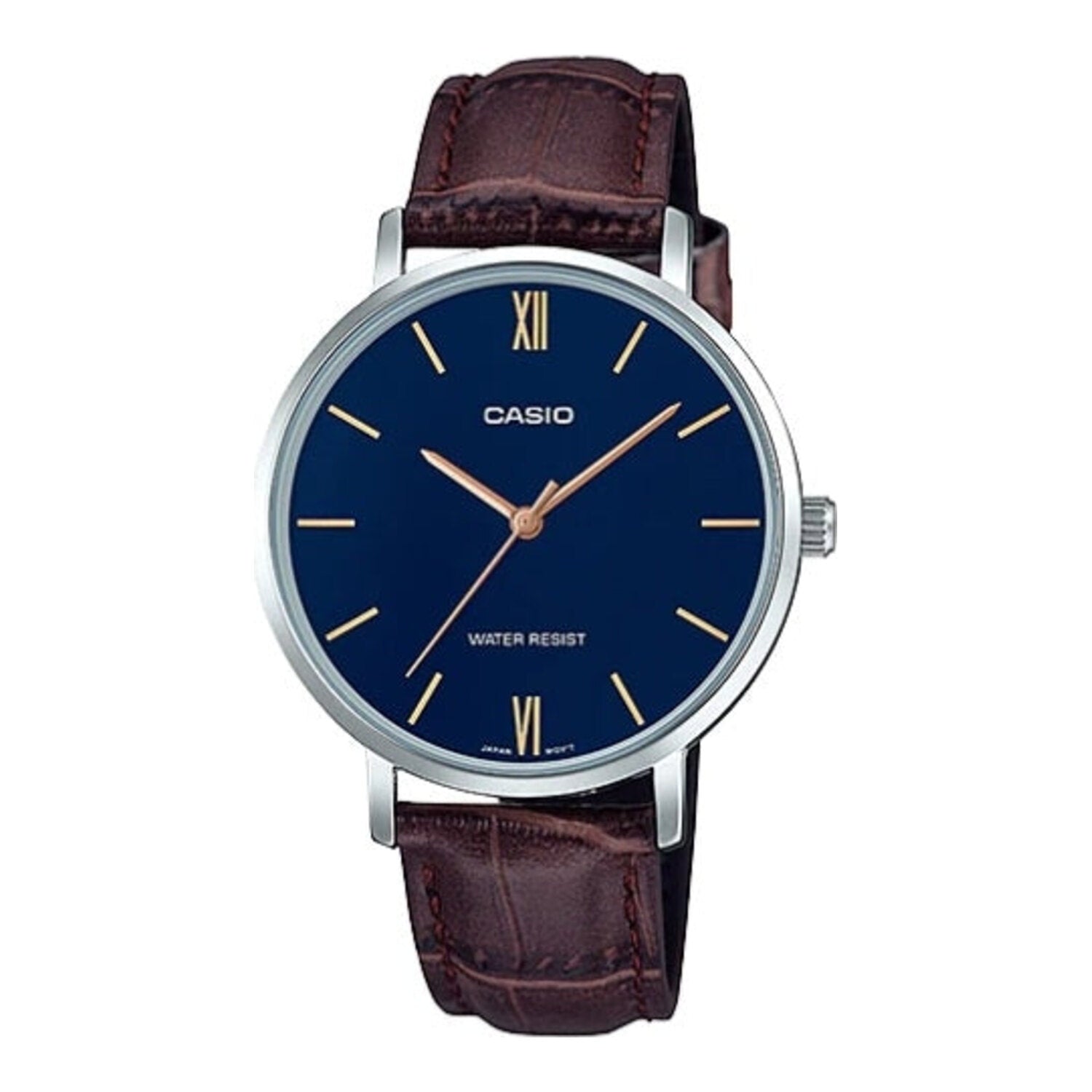 Montre Casio pour femme, analogique à quartz, boîtier en métal, bracelet en cuir et cadran bleu.