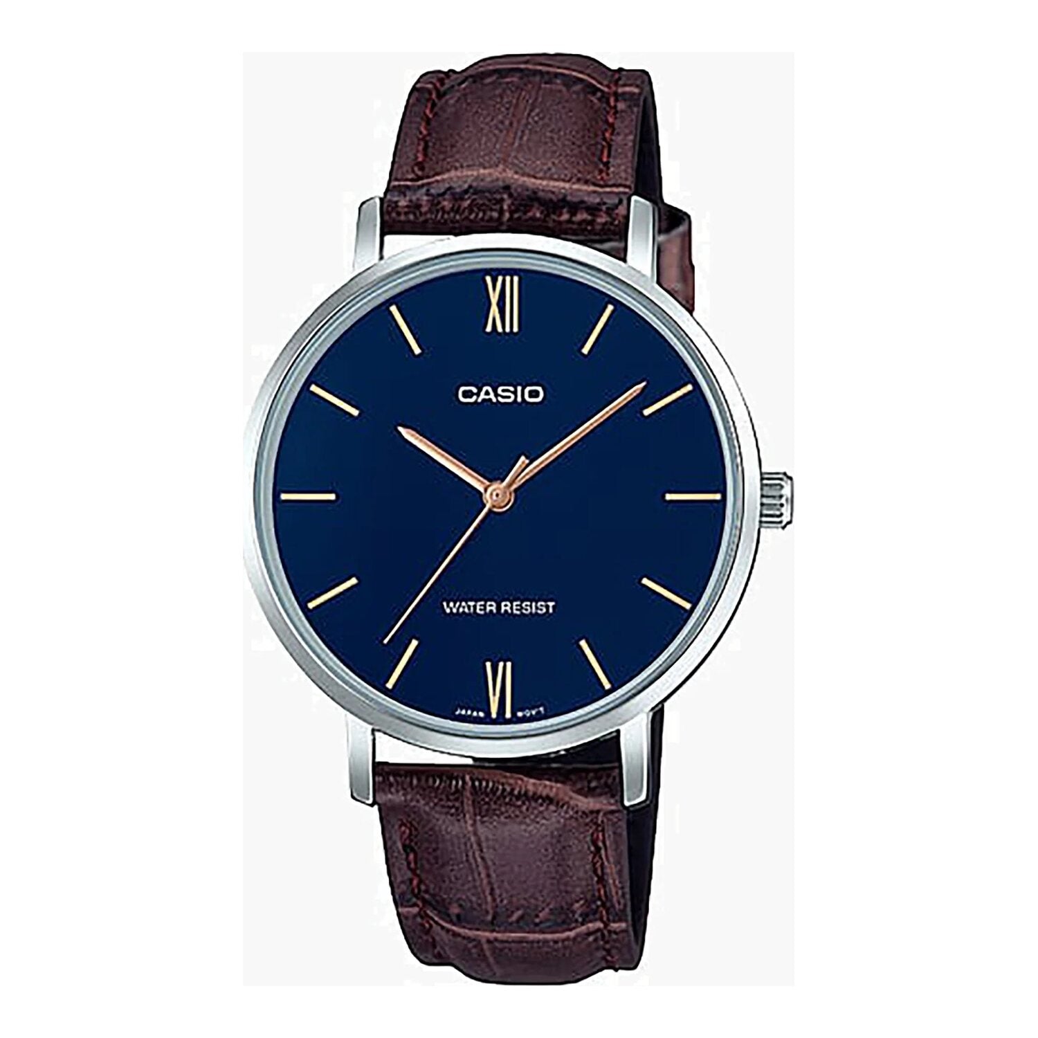 Montre Casio pour femme, analogique à quartz, boîtier en métal, bracelet en cuir et cadran bleu.