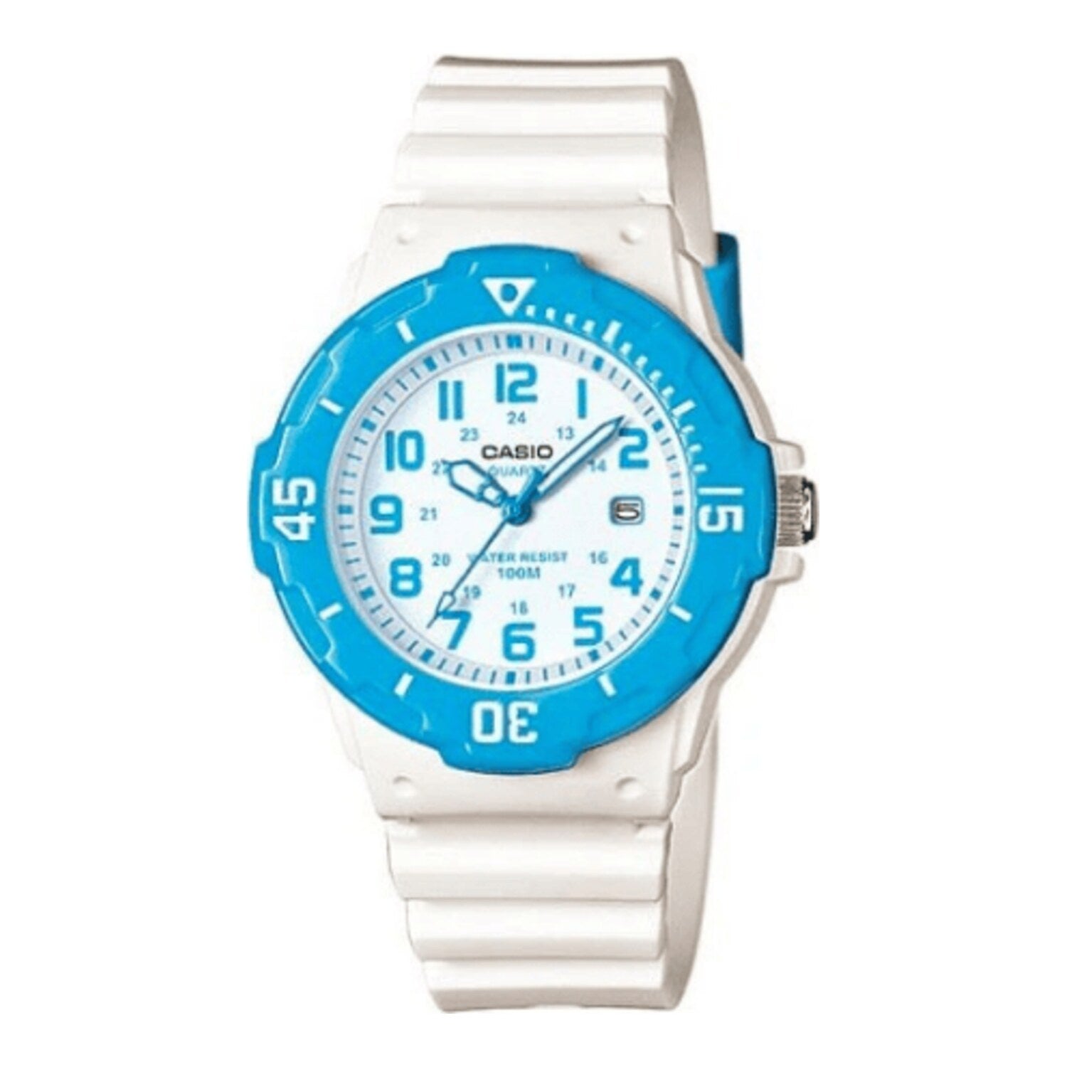 Montre de plongée analogique pour femme avec bracelet en résine bleue, lunette tournante et date