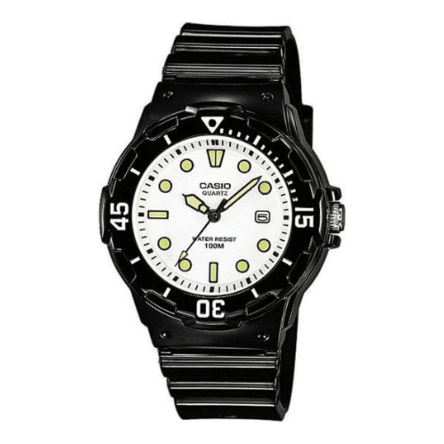 Montre de plongée analogique pour femme avec bracelet en résine blanche, lunette tournante et date