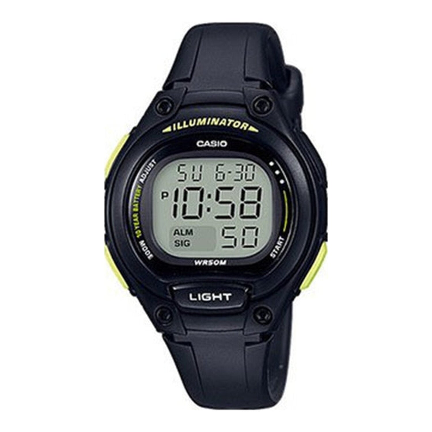 Montre numérique Casio pour femme avec boîtier et bracelet en résine, affichage noir (pile d&