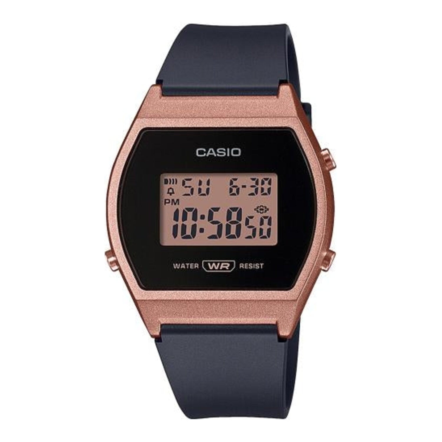 Montre numérique Casio pour femme avec boîtier et bracelet en résine, affichage noir