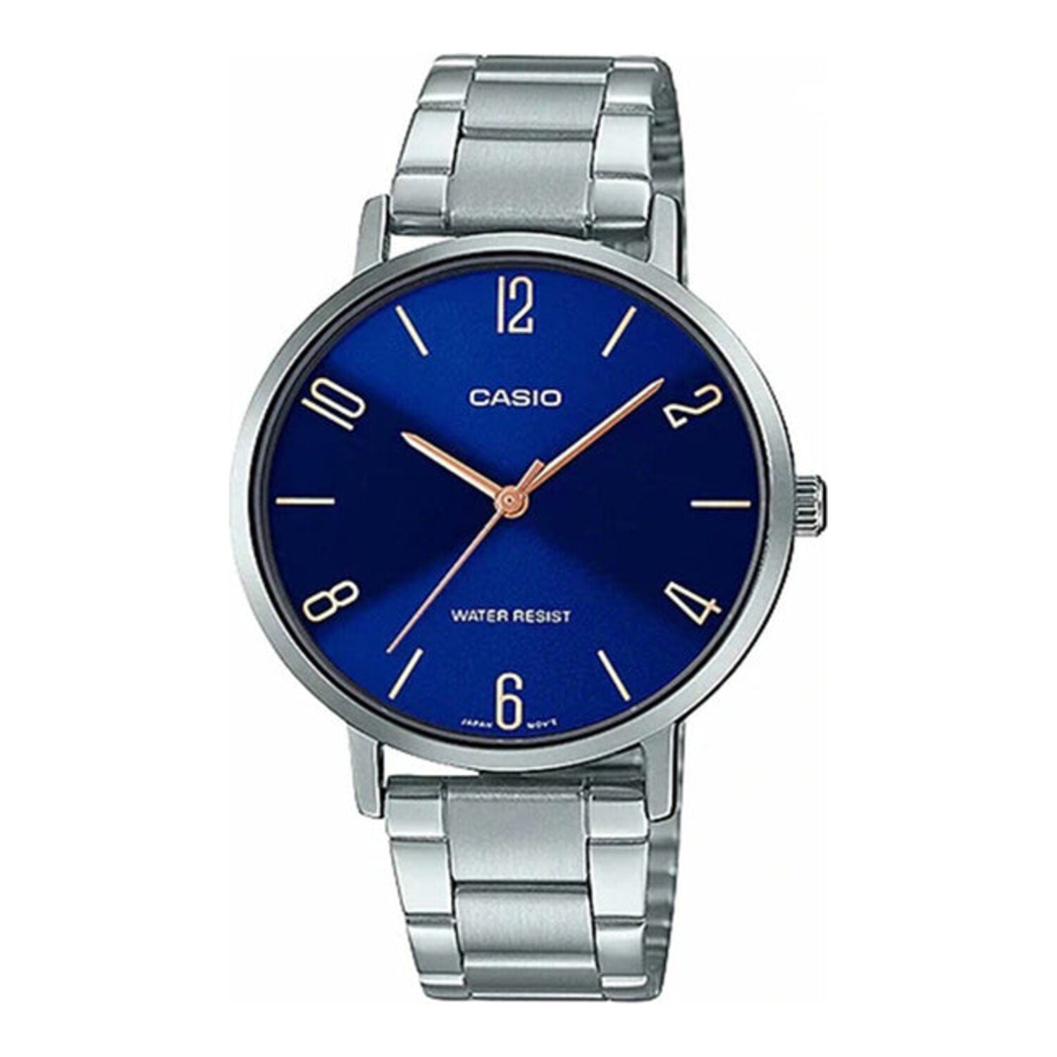 Montre Casio pour femme à quartz, boîtier en acier inoxydable, cadran bleu et bracelet en acier inoxydable.