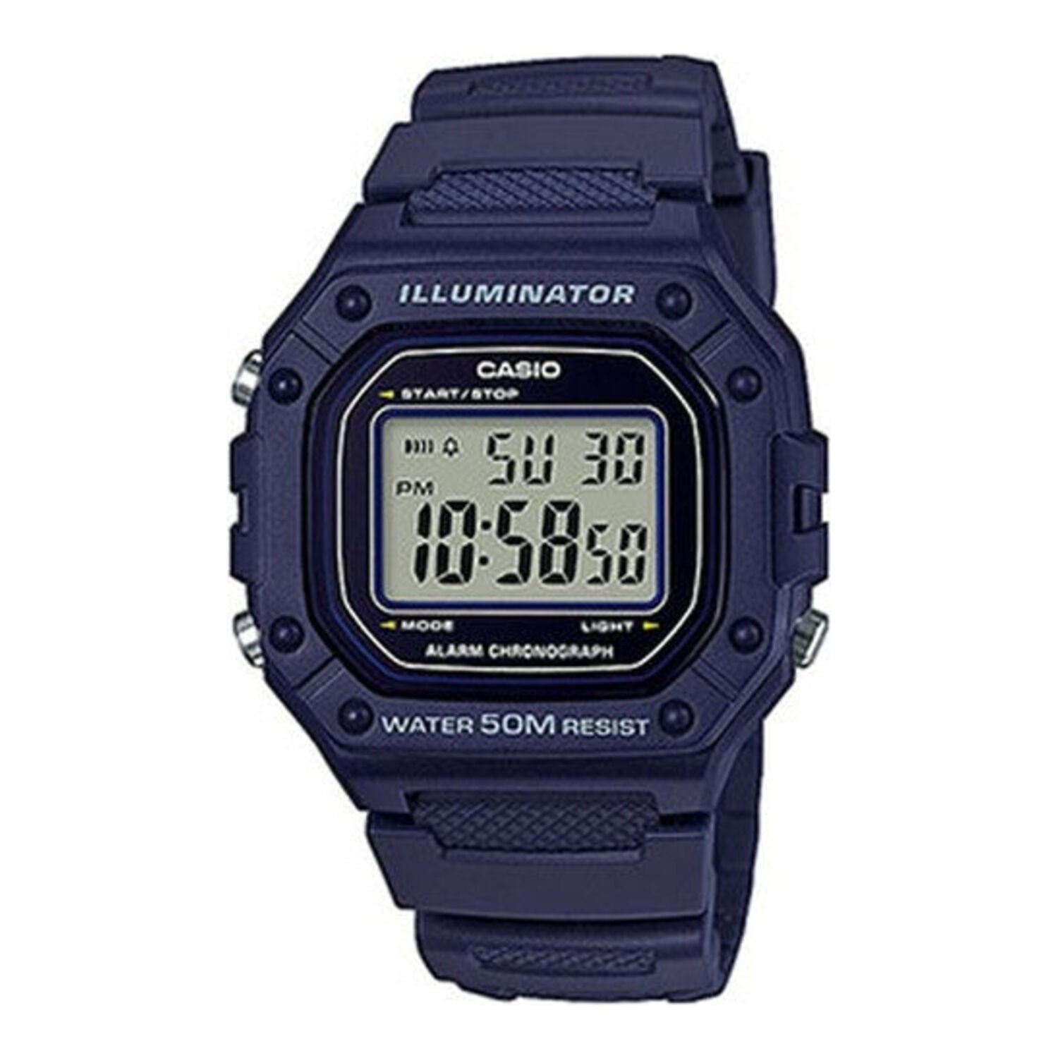 Montre Casio à quartz numérique avec boîtier et bracelet en résine, affichage bleu (50 m)