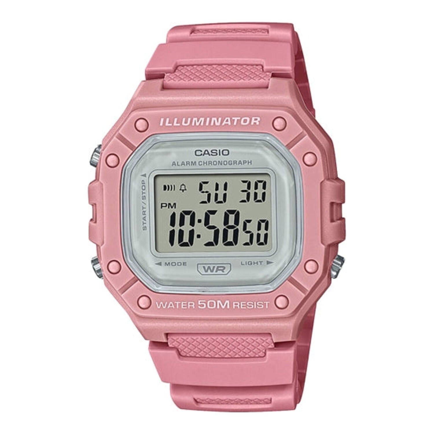 Montre Casio à quartz numérique avec boîtier et bracelet en résine rose, affichage violet (50 m)