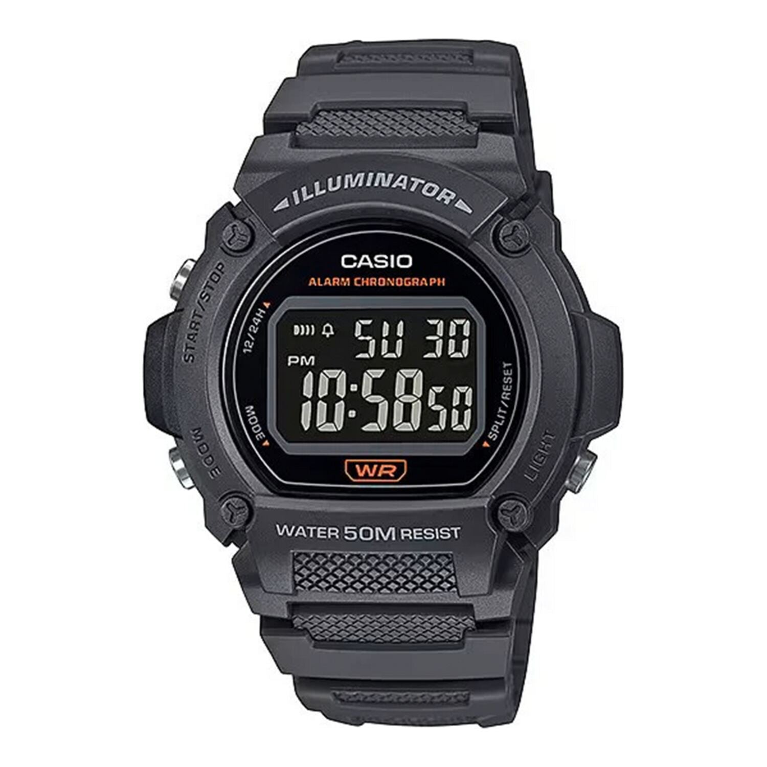 Montre de sport numérique Casio avec chronomètre, alarme et rétroéclairage LED, couleur grise.