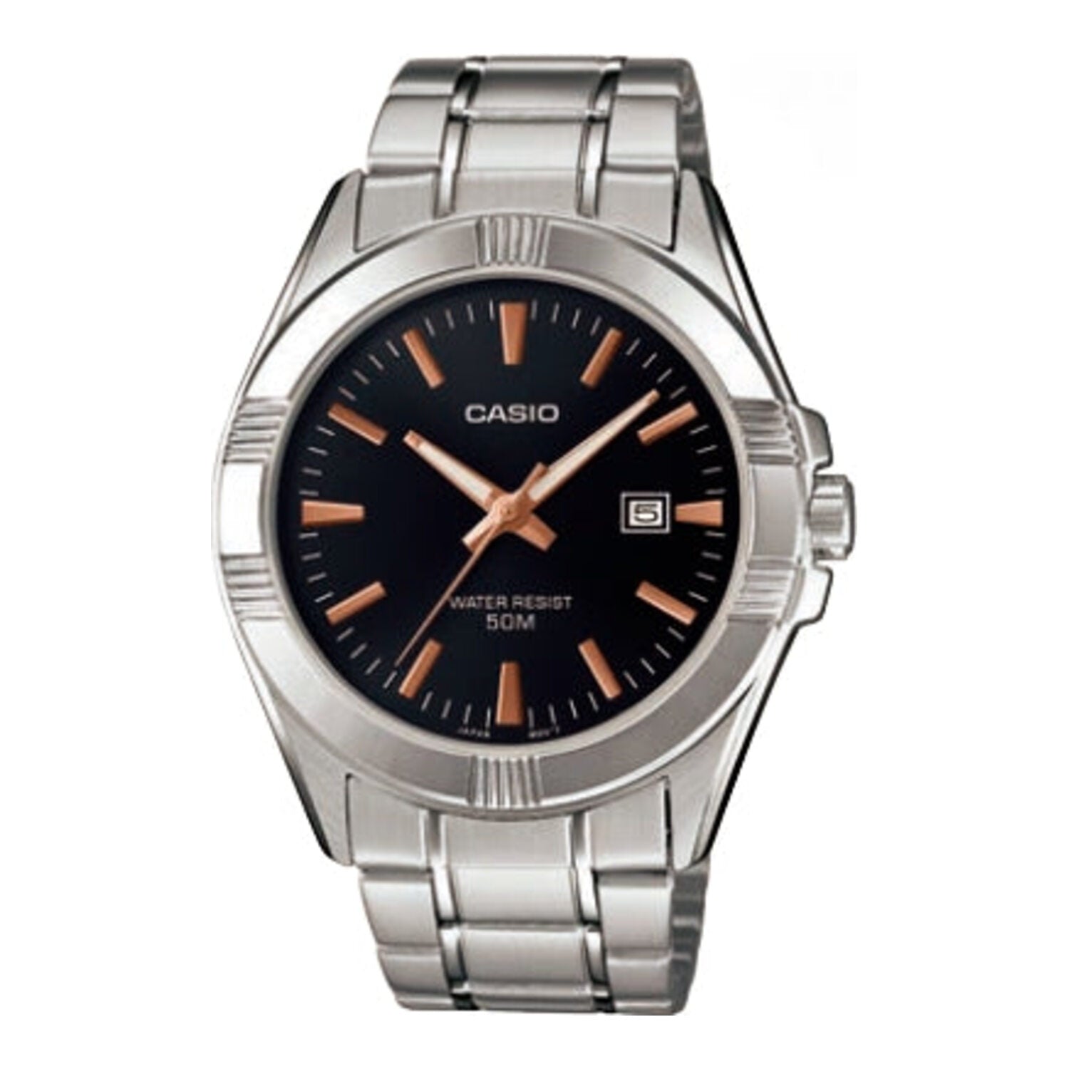 Montre Casio pour homme, analogique à quartz, boîtier et bracelet en acier inoxydable, cadran noir
