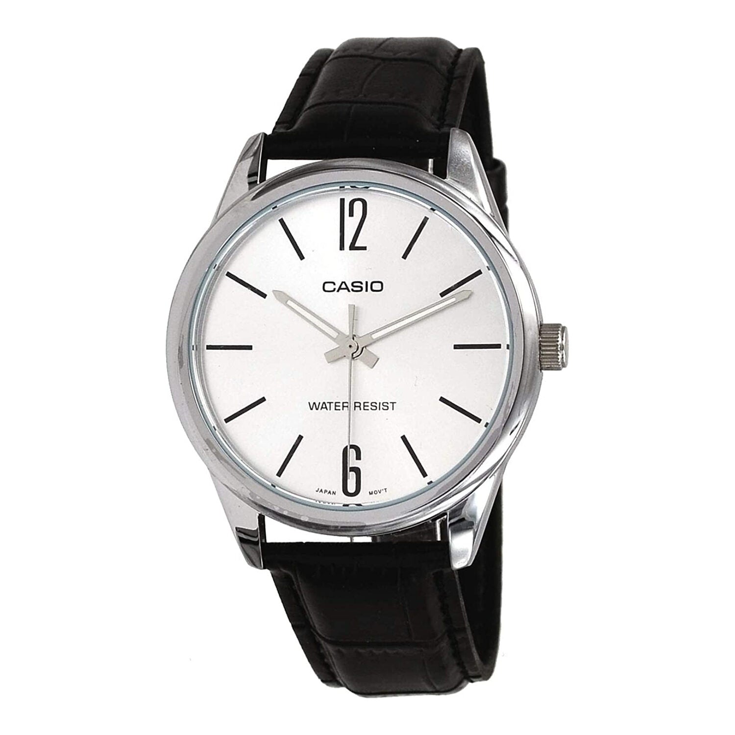 Montre Casio pour homme, analogique à quartz, boîtier en acier inoxydable, bracelet en cuir, cadran blanc.