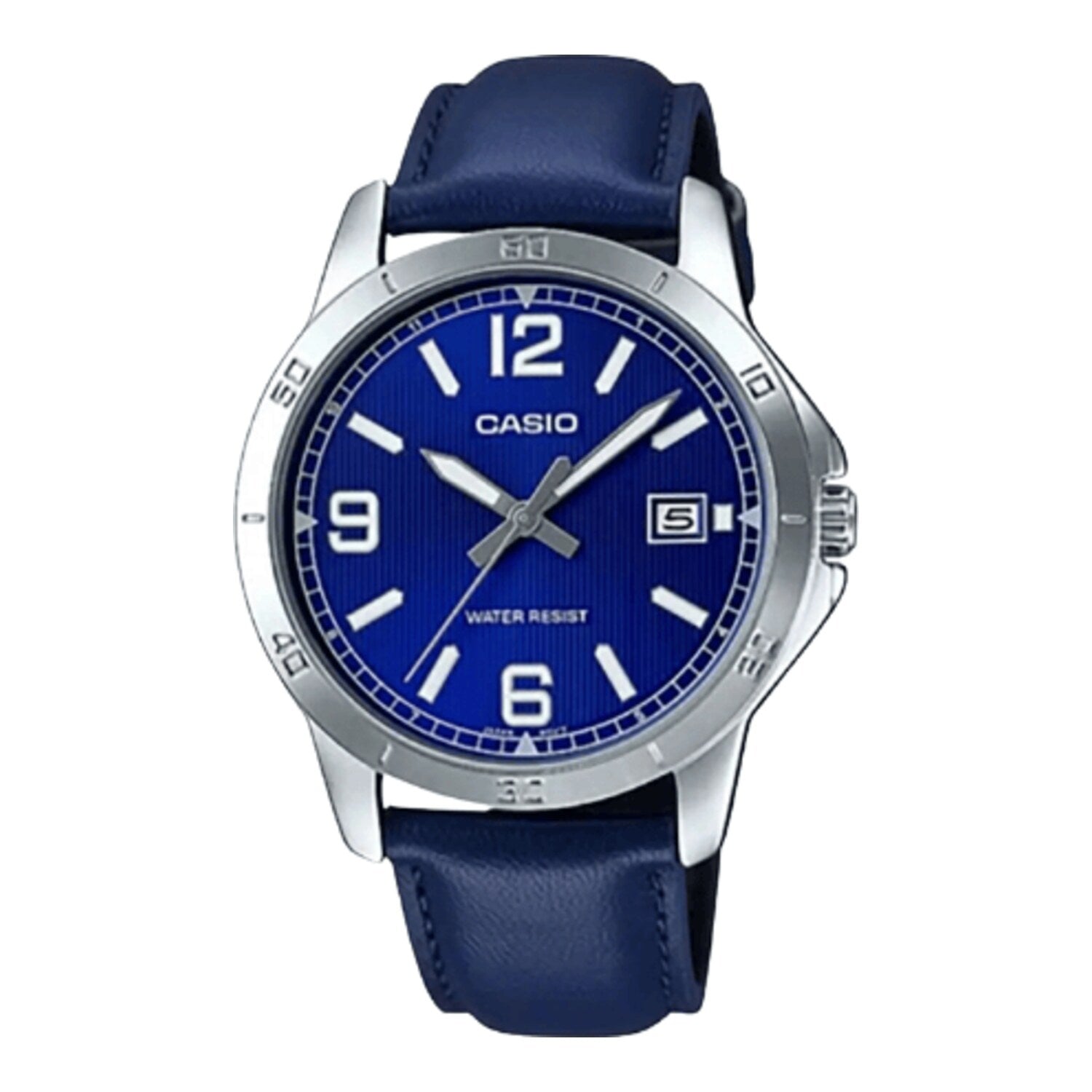 Montre homme analogique à quartz avec boîtier en métal et bracelet en cuir, cadran bleu