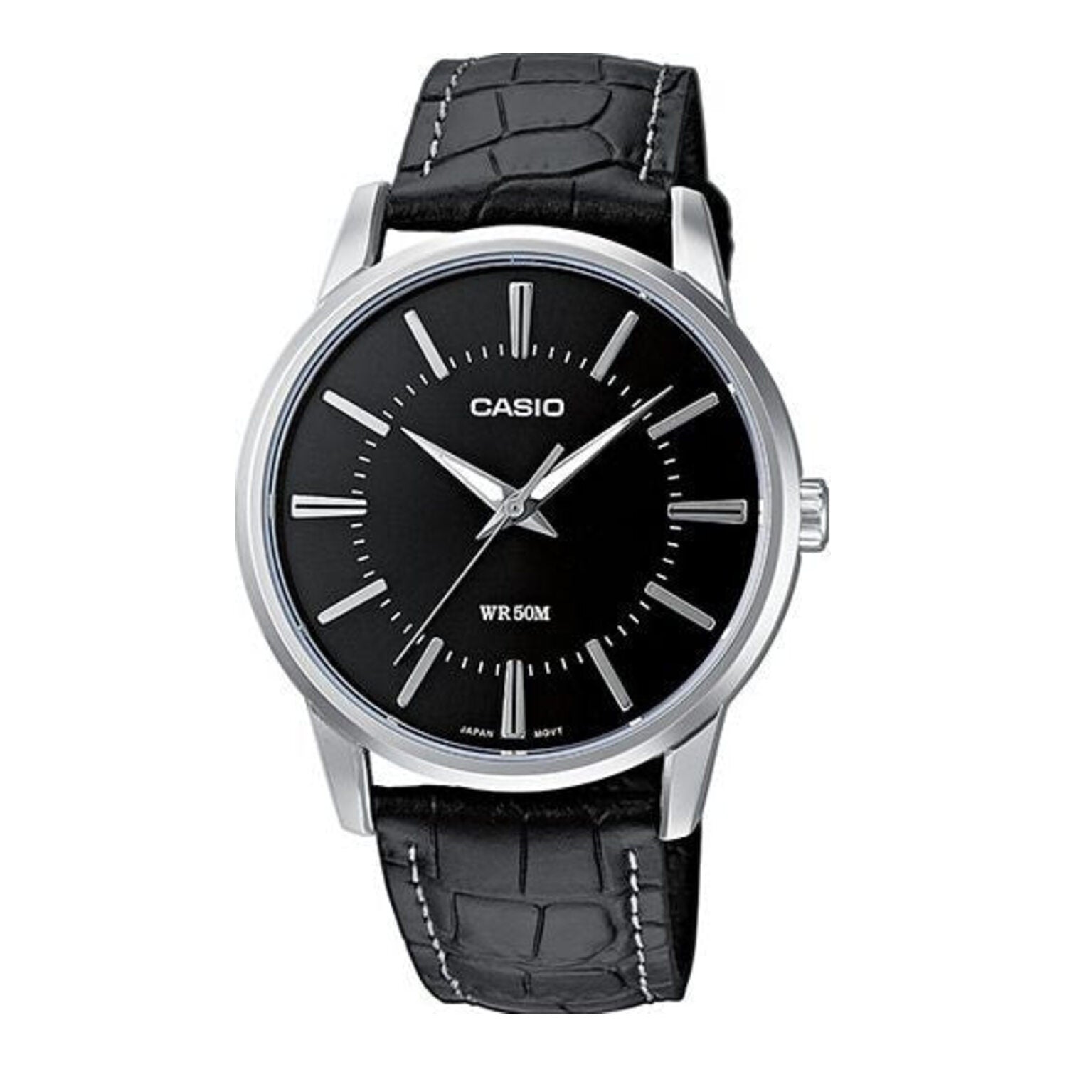 Montre Casio pour homme, analogique à quartz, boîtier en métal et bracelet en cuir, cadran noir