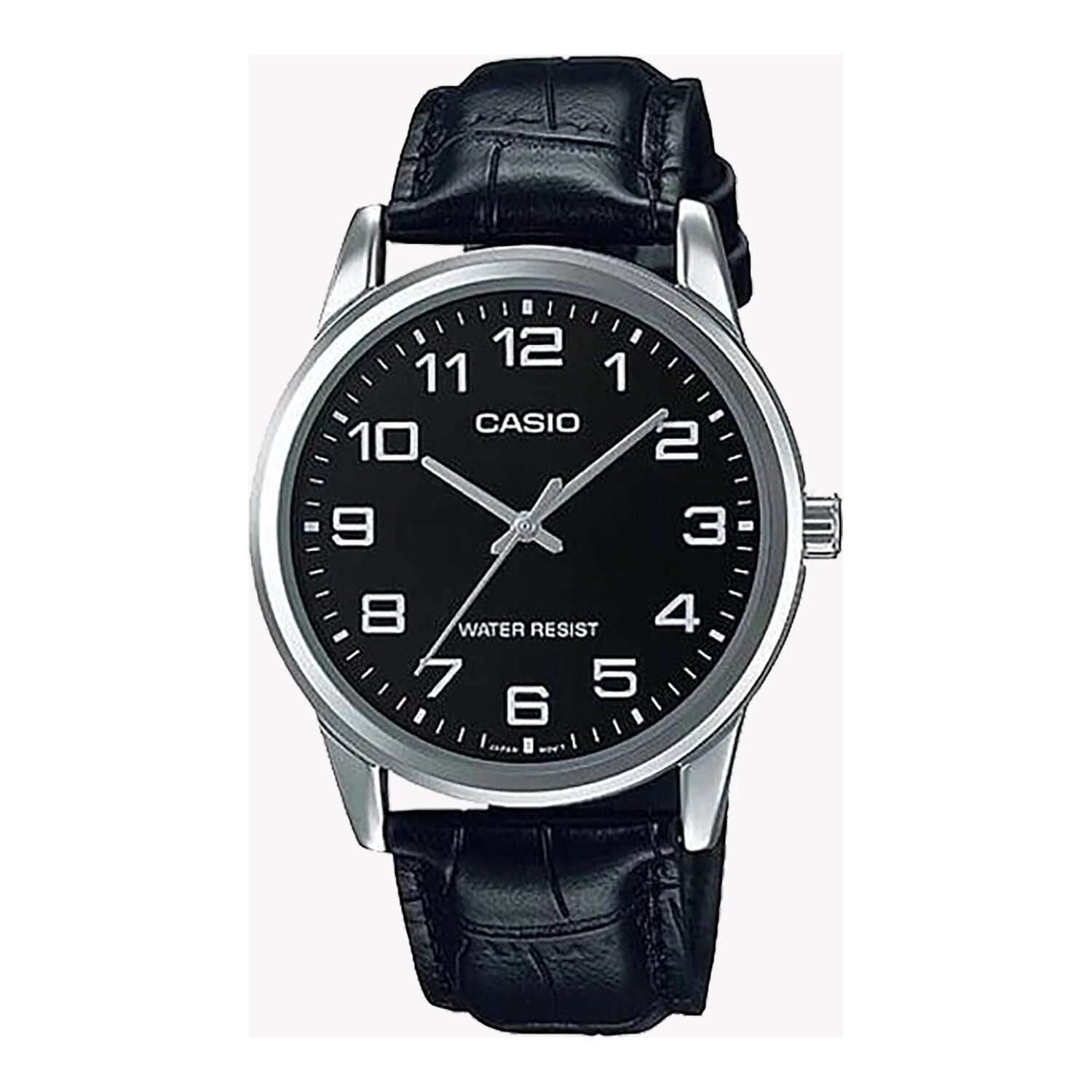 Montre Casio pour homme, analogique à quartz, boîtier en métal et bracelet en cuir, cadran noir