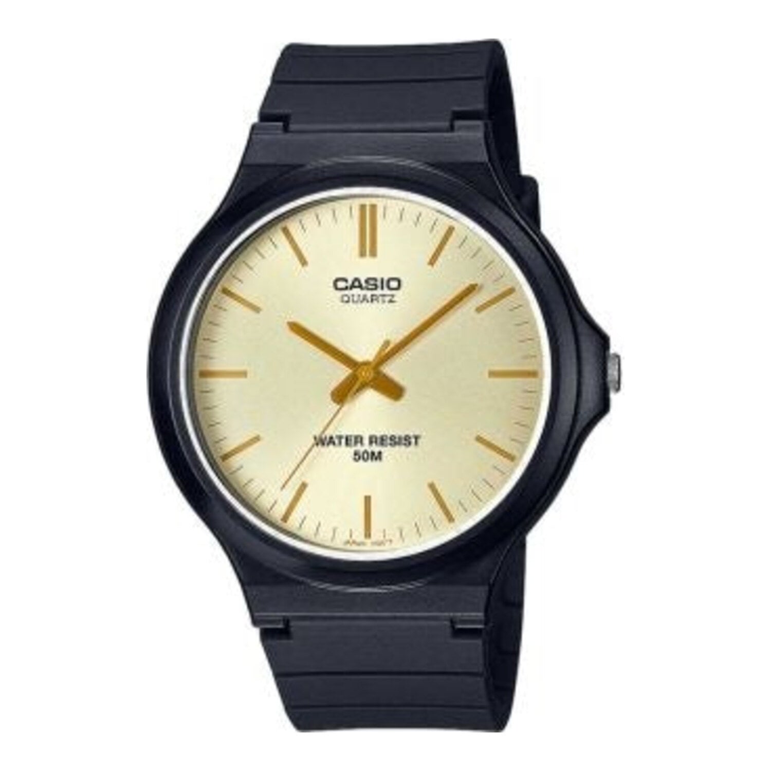 Montre Casio pour homme, analogique à quartz, avec boîtier et bracelet en résine et cadran doré.