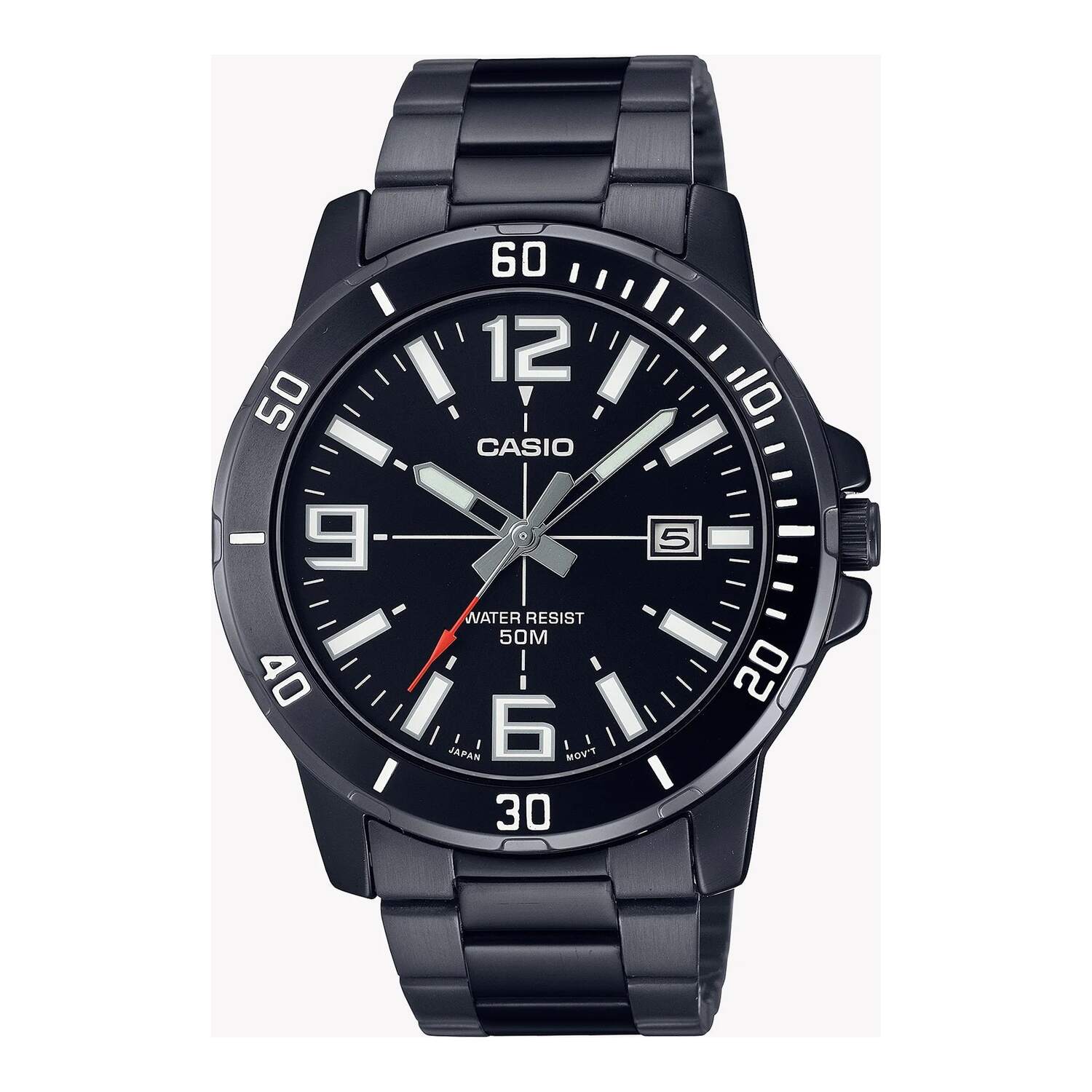 Montre Casio pour homme, analogique à quartz, avec boîtier et bracelet en résine, cadran noir et affichage de la date.