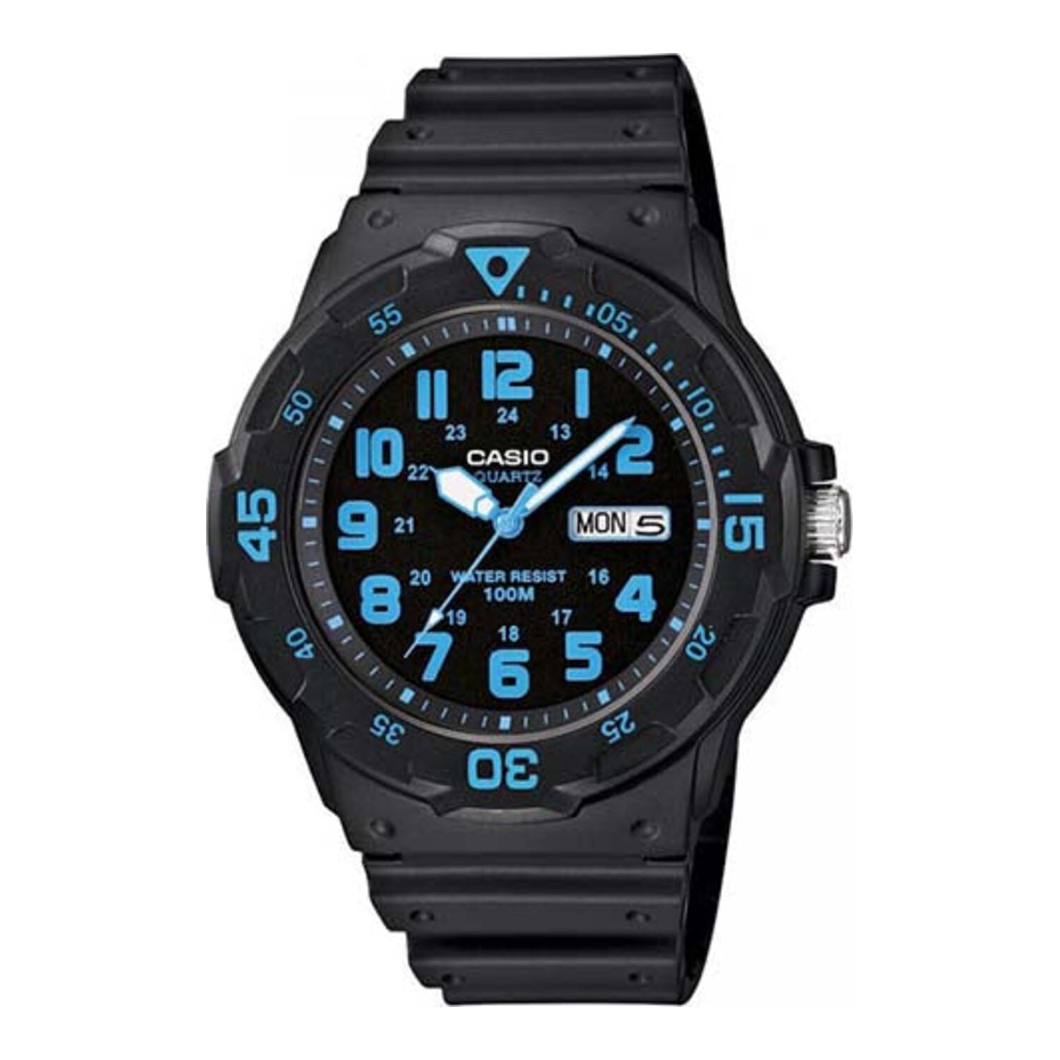 Montre analogique Casio pour homme, au design sportif, avec bracelet en résine bleue, lunette tournante et date.